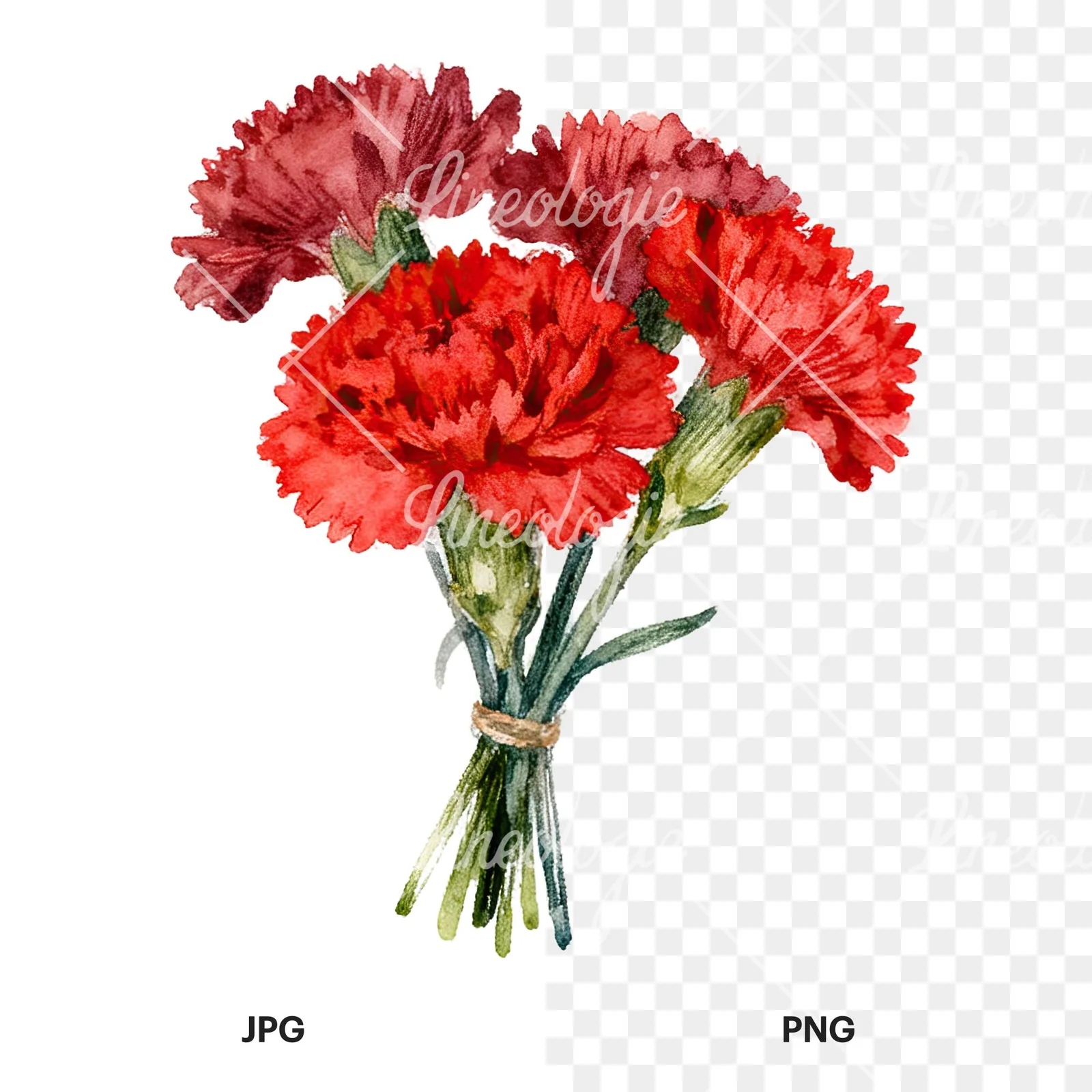 Watercolor red carnation bouquet clipart 7 of 9, as a JPG on white and a transparent PNG