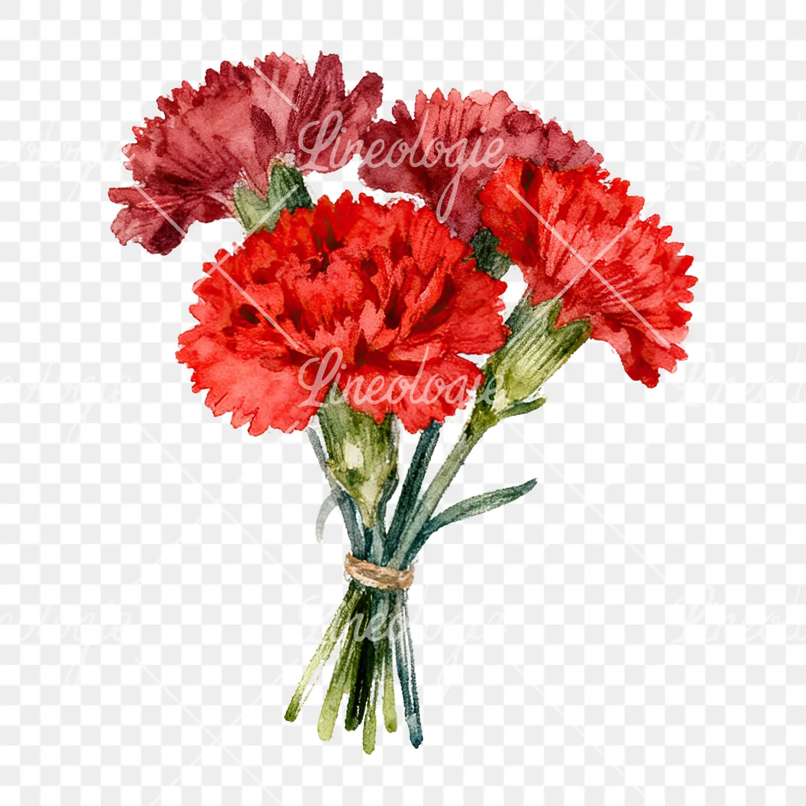 Watercolor red carnation bouquet clipart 7 of 9 on a transparent background (PNG)