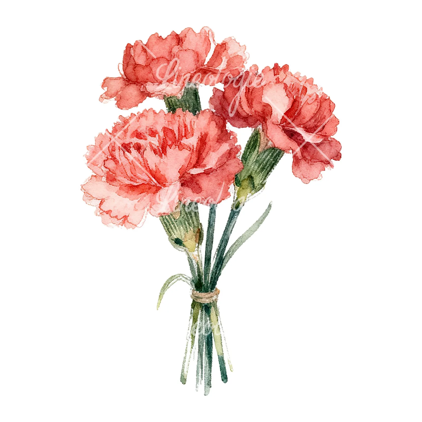 Watercolor red carnation bouquet clipart 9 of 9 on a white background (JPG)