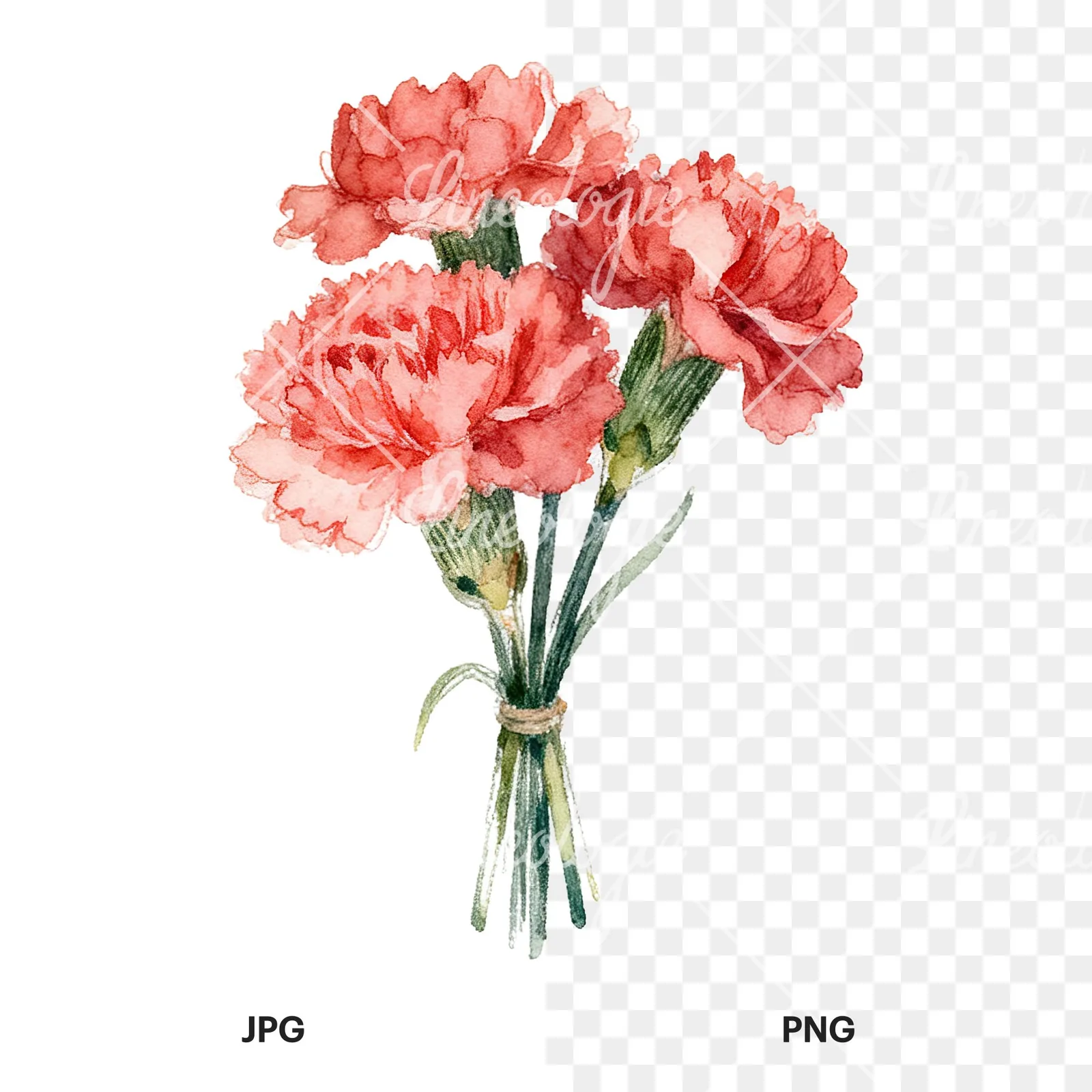 Watercolor red carnation bouquet clipart 9 of 9, as a JPG on white and a transparent PNG