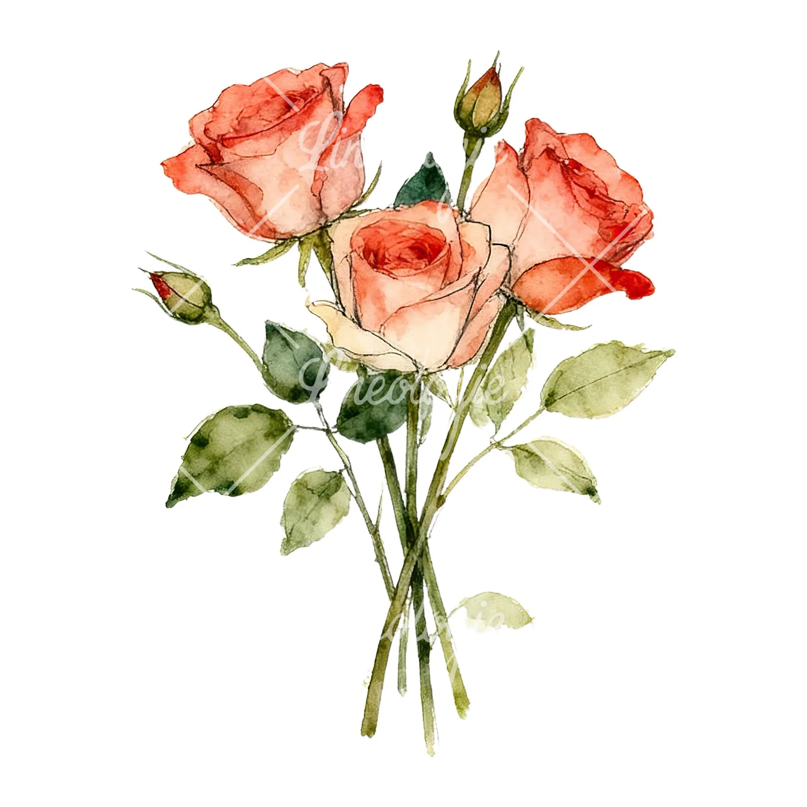 Watercolor rose bouquet with sketch clipart 1 of 9 on a white background (JPG)