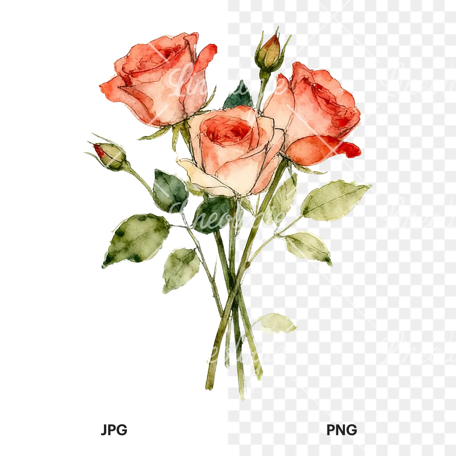 Watercolor rose bouquet with sketch clipart 1 of 9, as a JPG on white and a transparent PNG