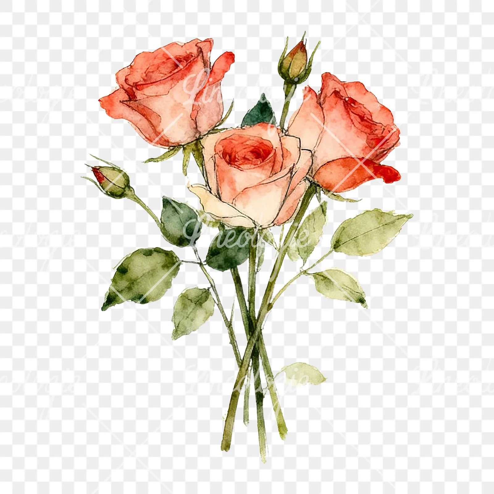 Watercolor rose bouquet with sketch clipart 1 of 9 on a transparent background (PNG)
