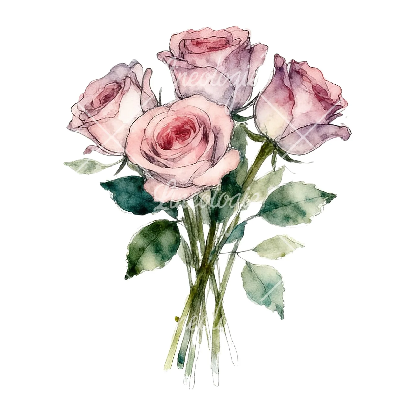 Watercolor rose bouquet with sketch clipart 2 of 9 on a white background (JPG)