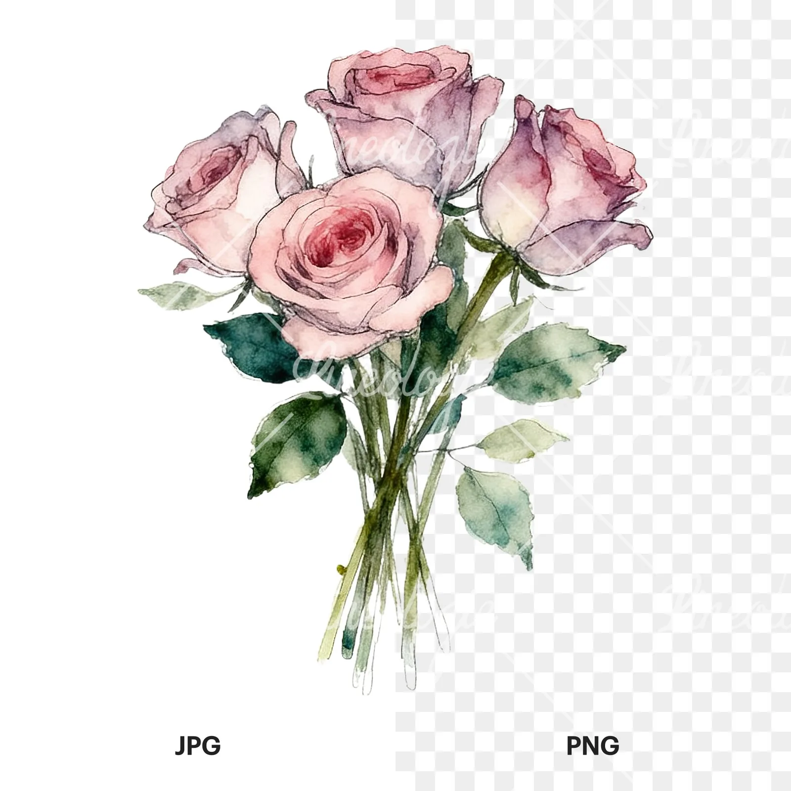 Watercolor rose bouquet with sketch clipart 2 of 9, as a JPG on white and a transparent PNG