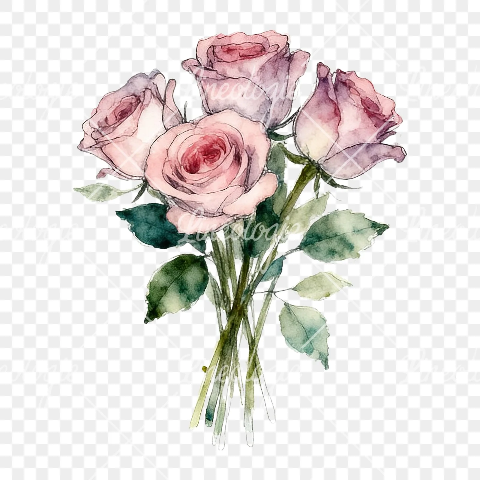 Watercolor rose bouquet with sketch clipart 2 of 9 on a transparent background (PNG)