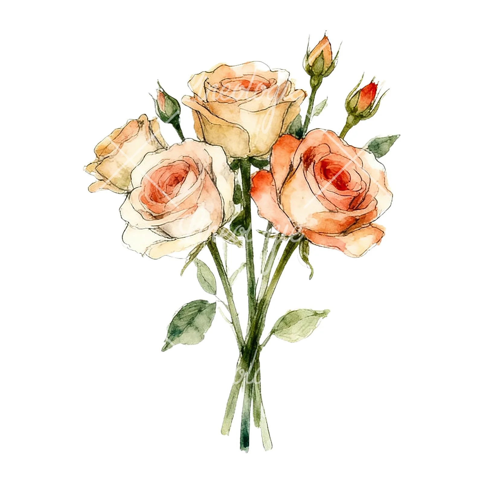 Watercolor rose bouquet with sketch clipart 3 of 9 on a white background (JPG)