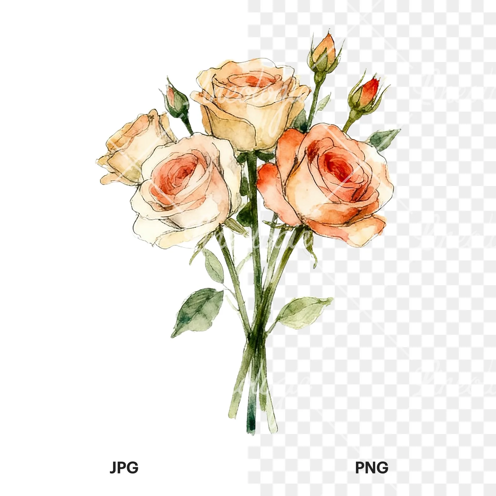 Watercolor rose bouquet with sketch clipart 3 of 9, as a JPG on white and a transparent PNG