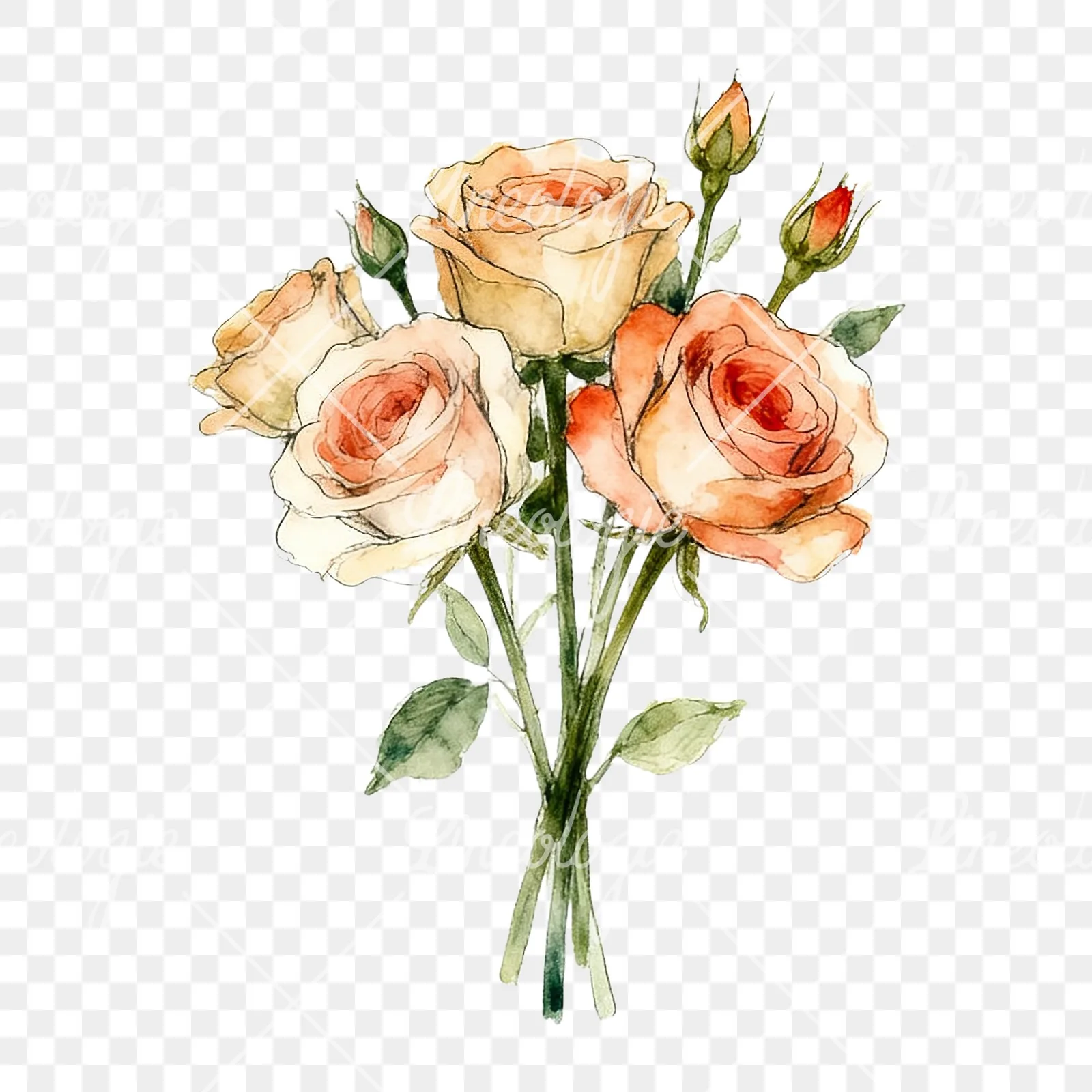 Watercolor rose bouquet with sketch clipart 3 of 9 on a transparent background (PNG)