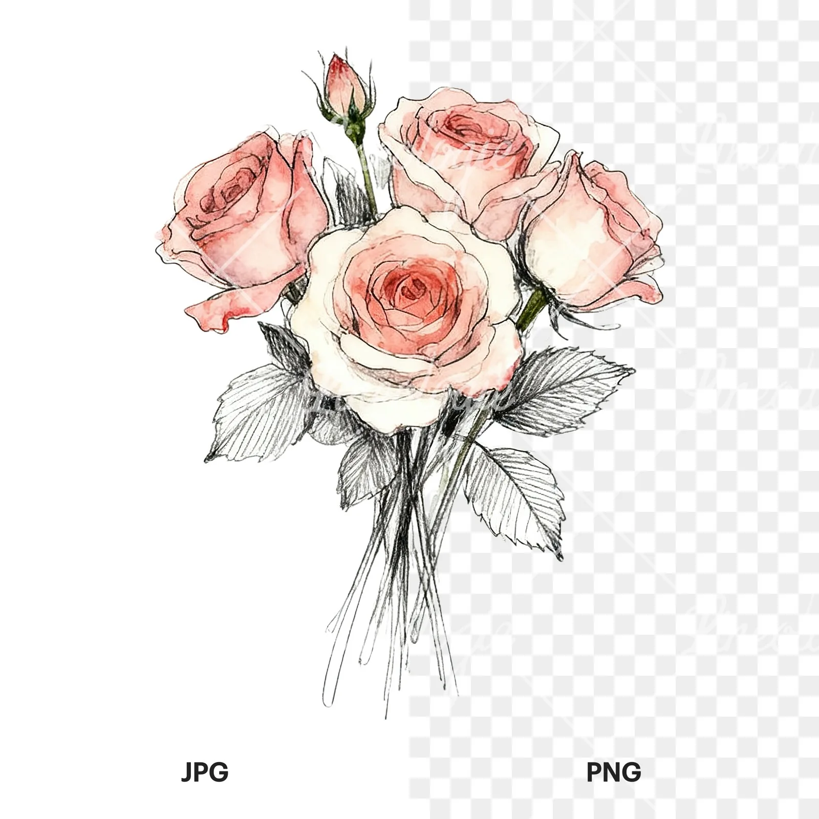 Watercolor rose bouquet with sketch clipart 4 of 9, as a JPG on white and a transparent PNG