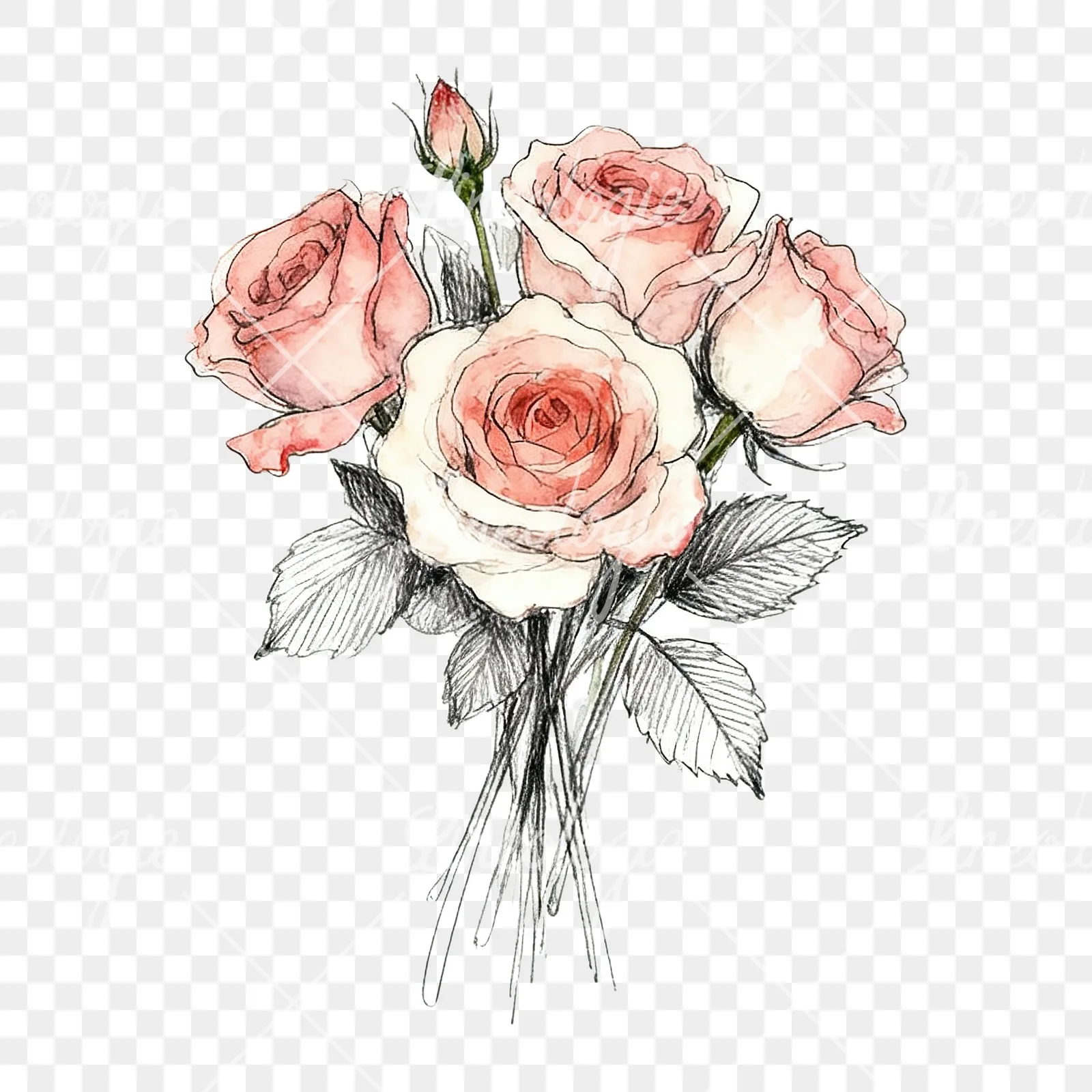 Watercolor rose bouquet with sketch clipart 4 of 9 on a transparent background (PNG)