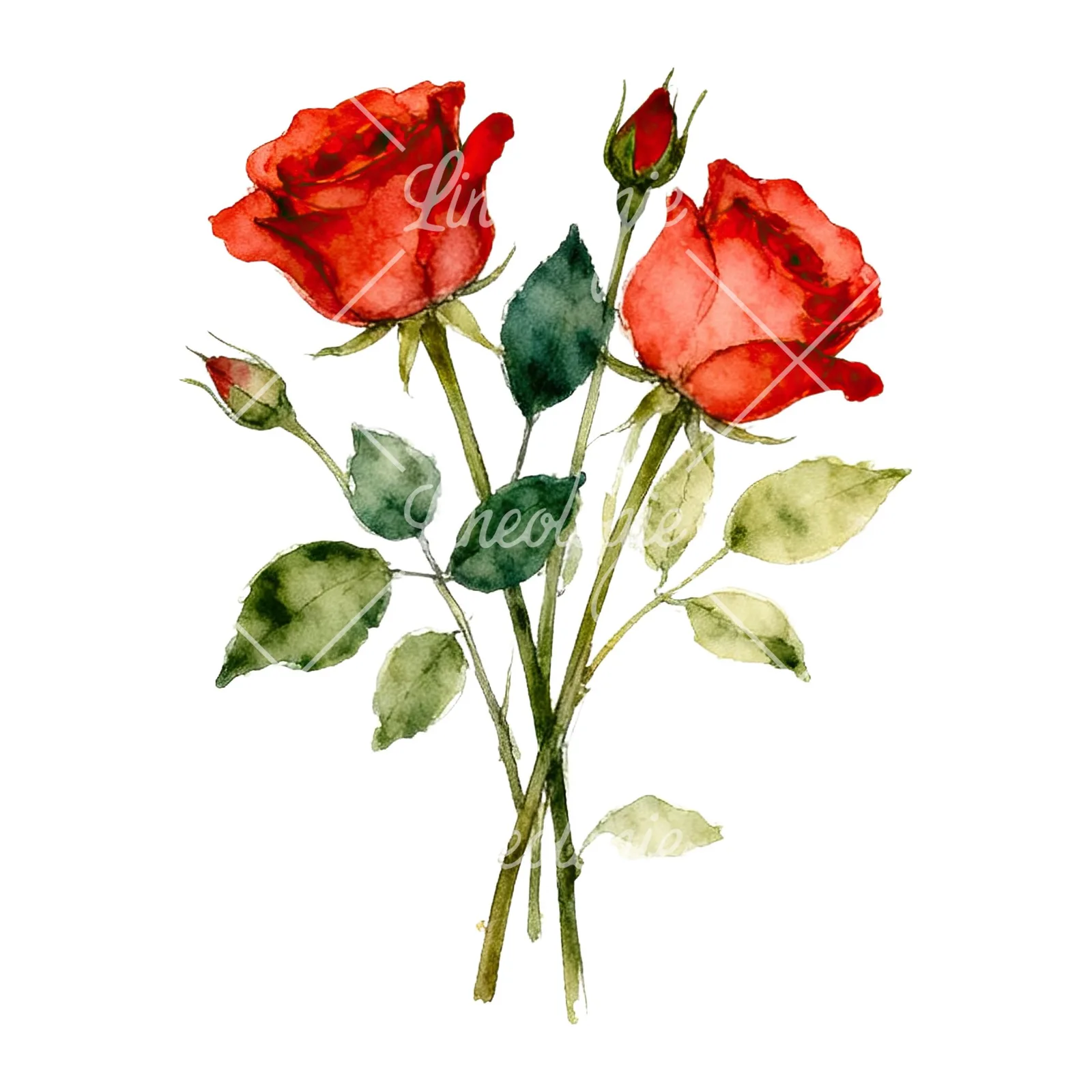 Watercolor rose bouquet with sketch clipart 5 of 9 on a white background (JPG)