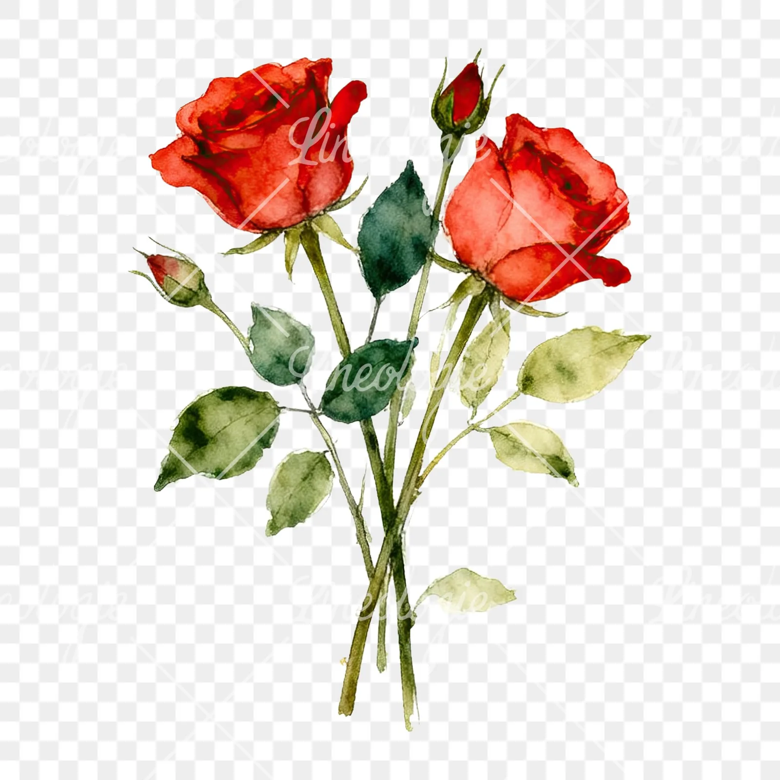 Watercolor rose bouquet with sketch clipart 5 of 9 on a transparent background (PNG)