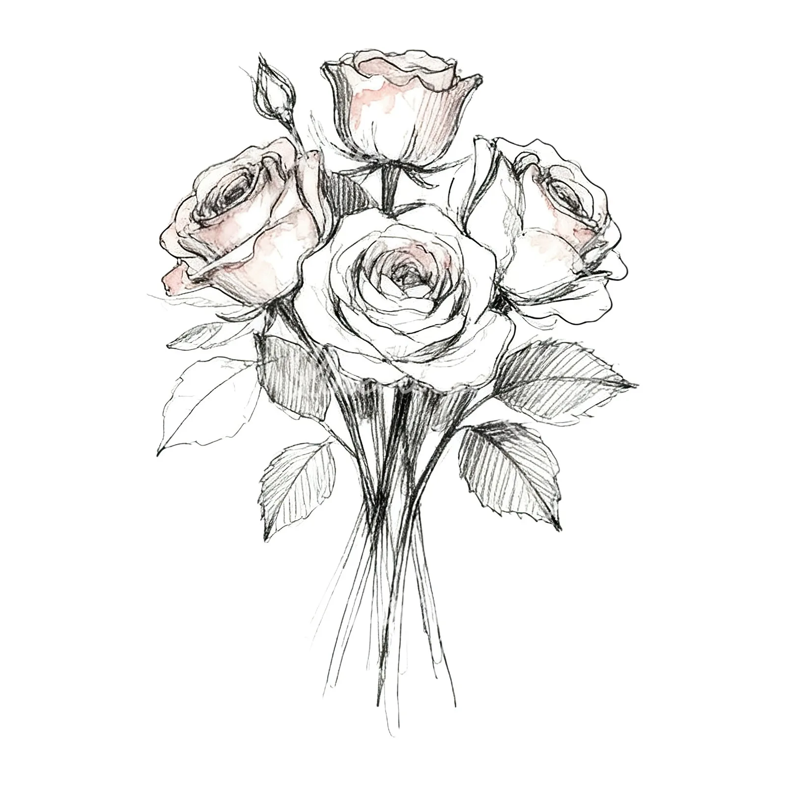 Watercolor rose bouquet with sketch clipart 7 of 9 on a white background (JPG)