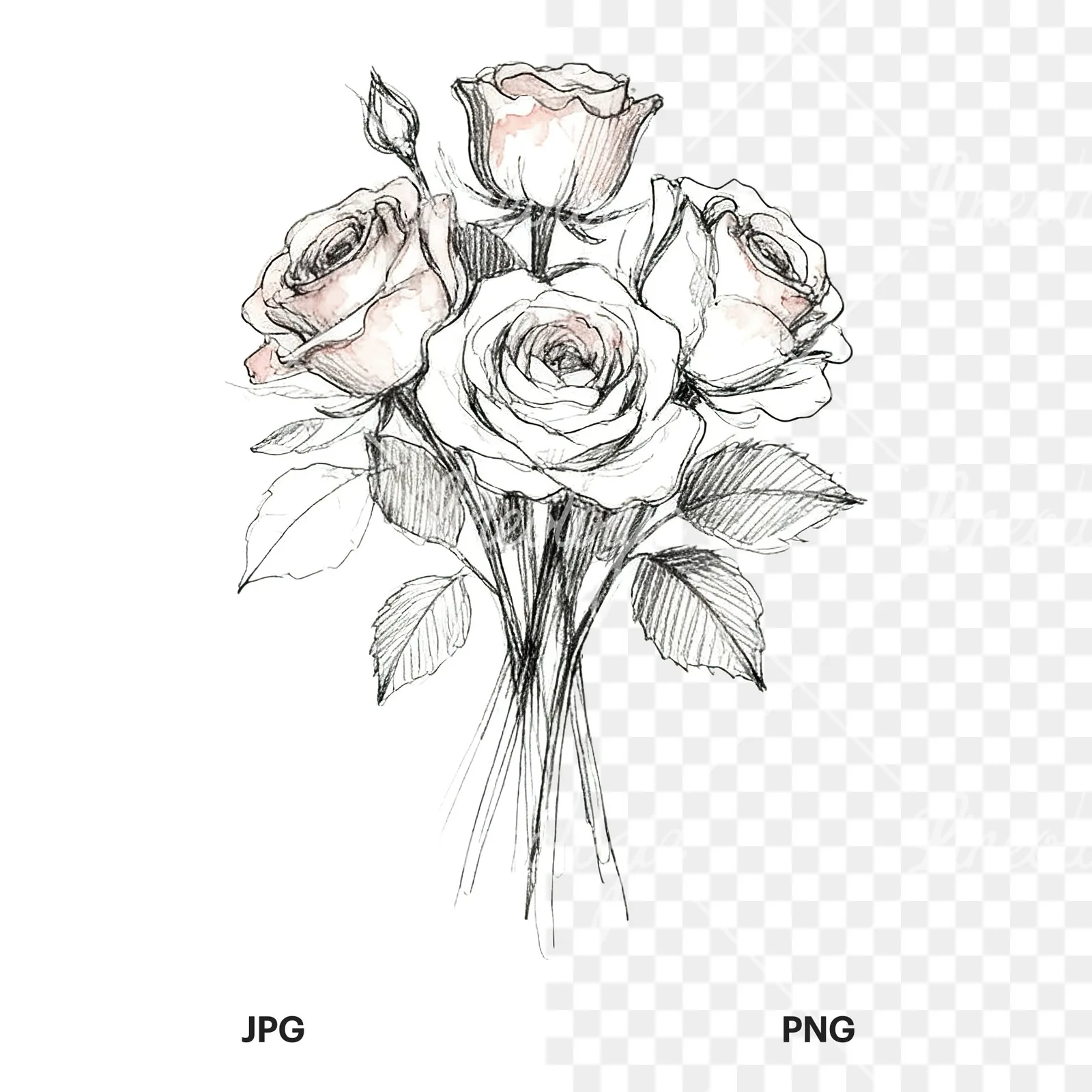 Watercolor rose bouquet with sketch clipart 7 of 9, as a JPG on white and a transparent PNG