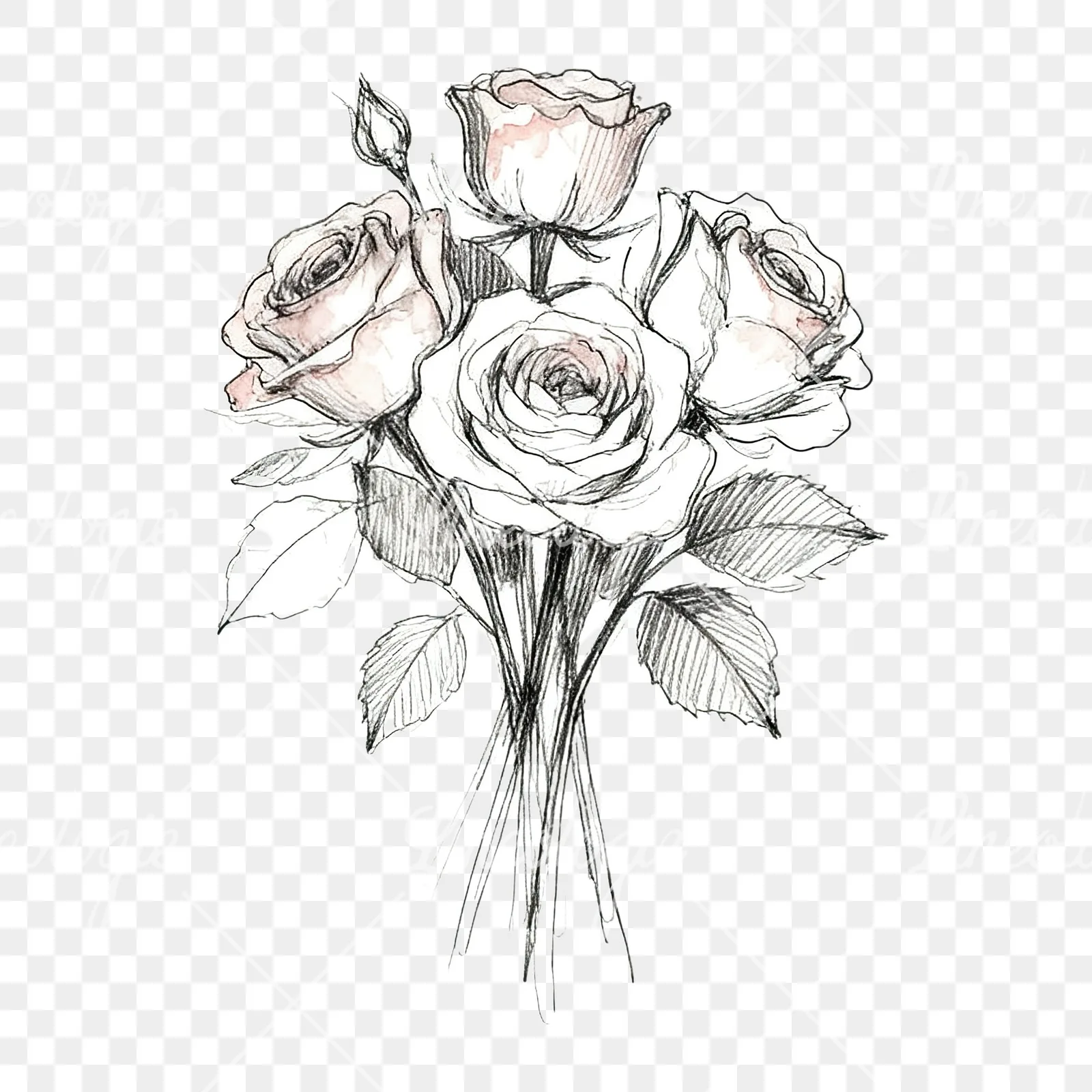Watercolor rose bouquet with sketch clipart 7 of 9 on a transparent background (PNG)