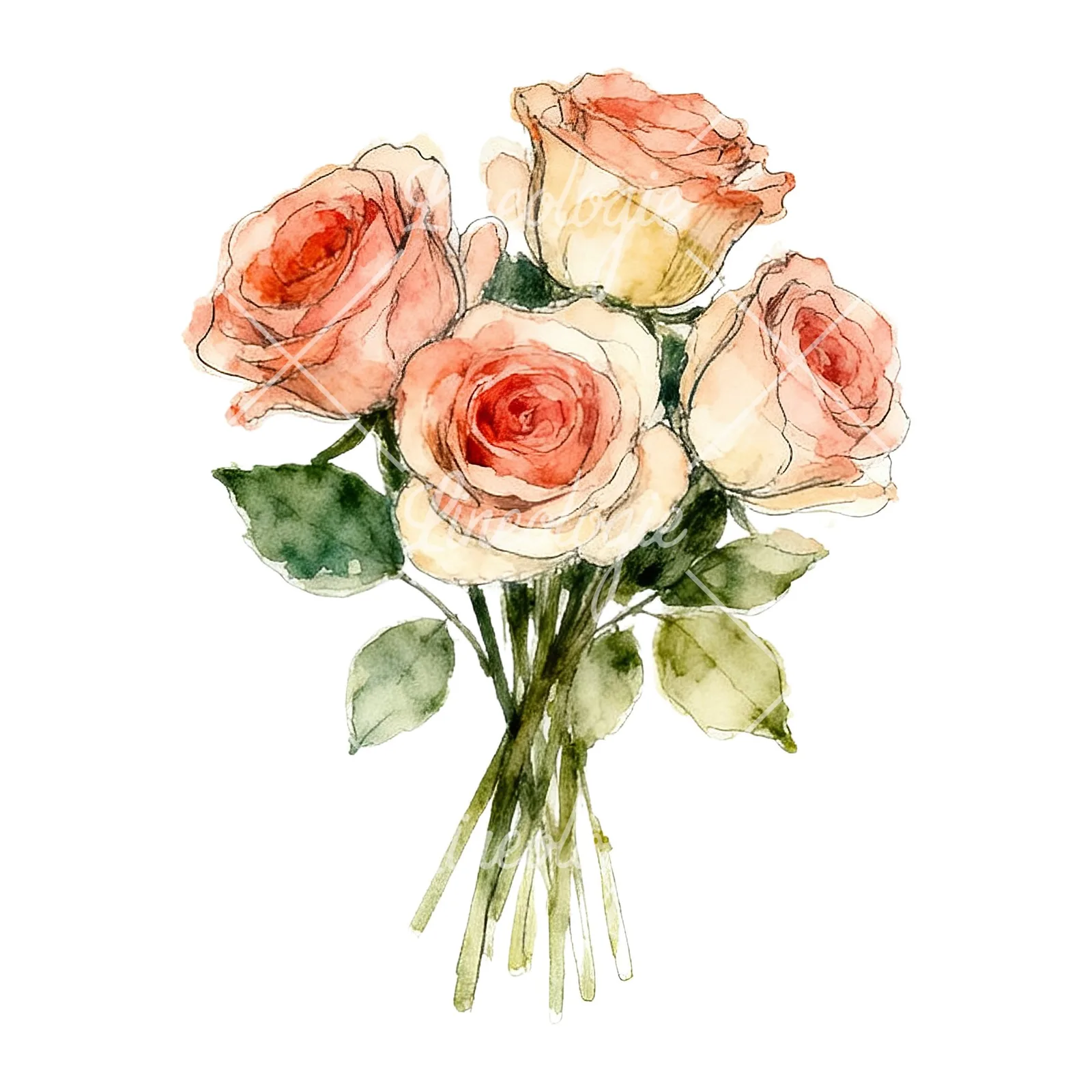 Watercolor rose bouquet with sketch clipart 8 of 9 on a white background (JPG)