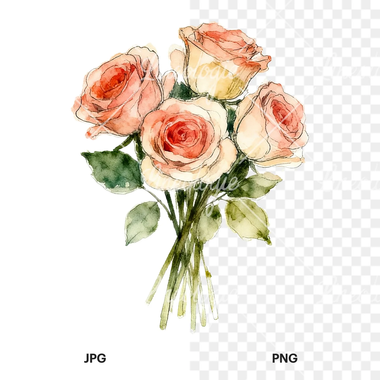 Watercolor rose bouquet with sketch clipart 8 of 9, as a JPG on white and a transparent PNG