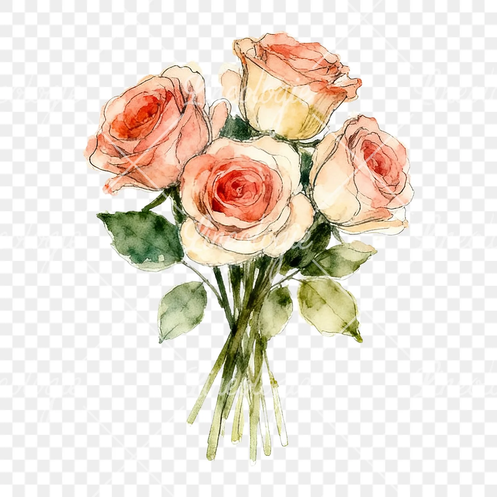 Watercolor rose bouquet with sketch clipart 8 of 9 on a transparent background (PNG)