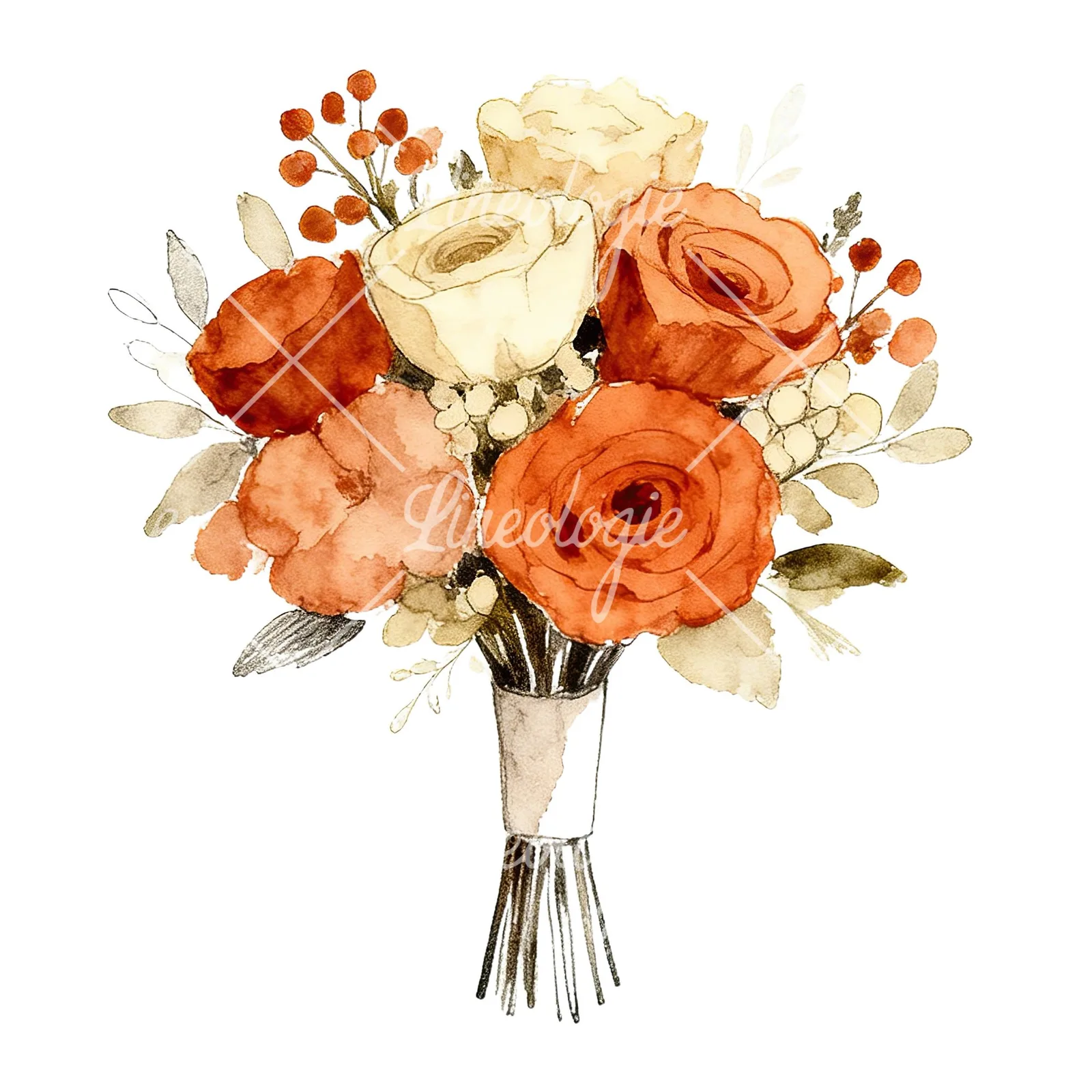 Watercolor rust and cream boho wedding bouquet clipart 1 of 9 on a white background (JPG)