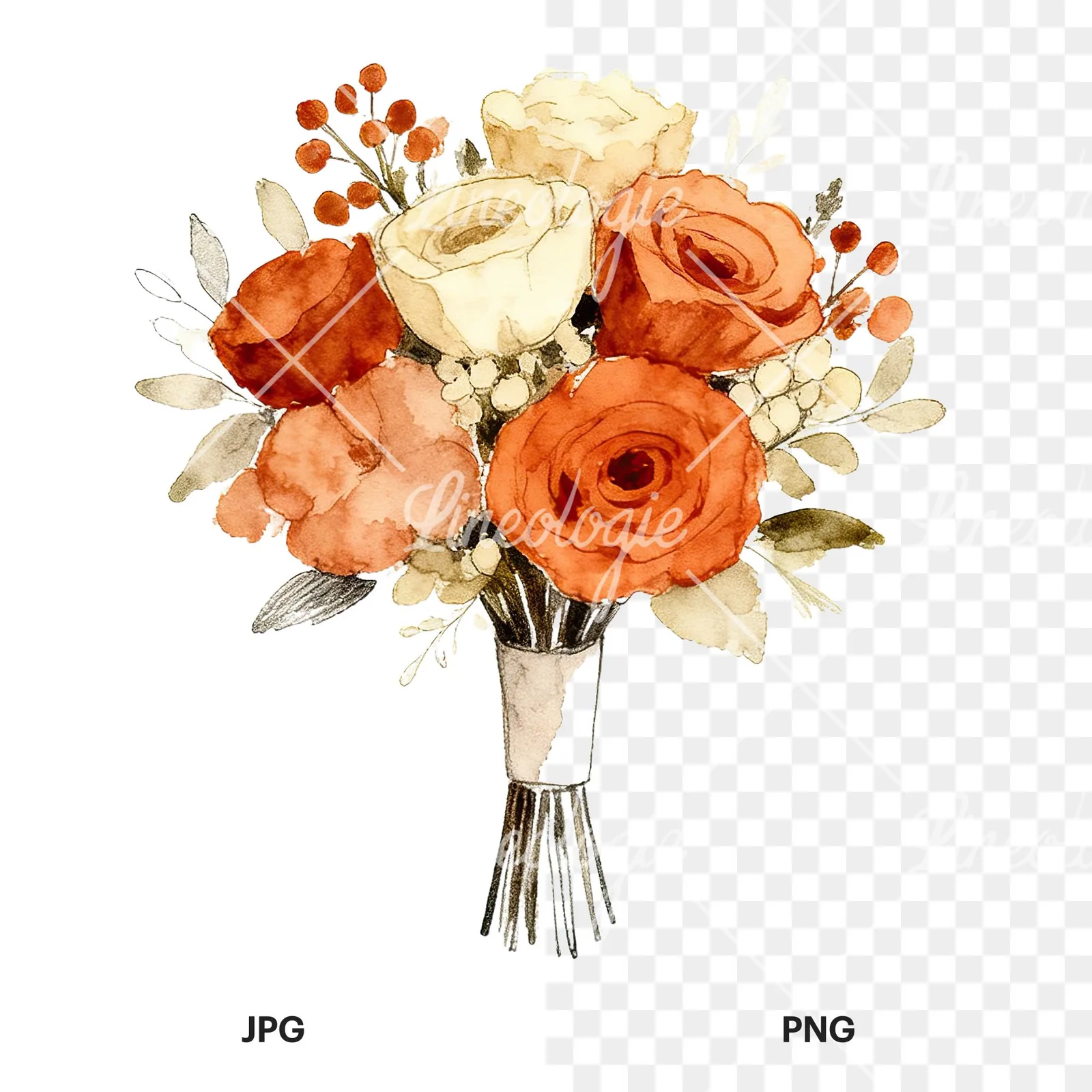 Watercolor rust and cream boho wedding bouquet clipart 1 of 9, as a JPG on white and a transparent PNG