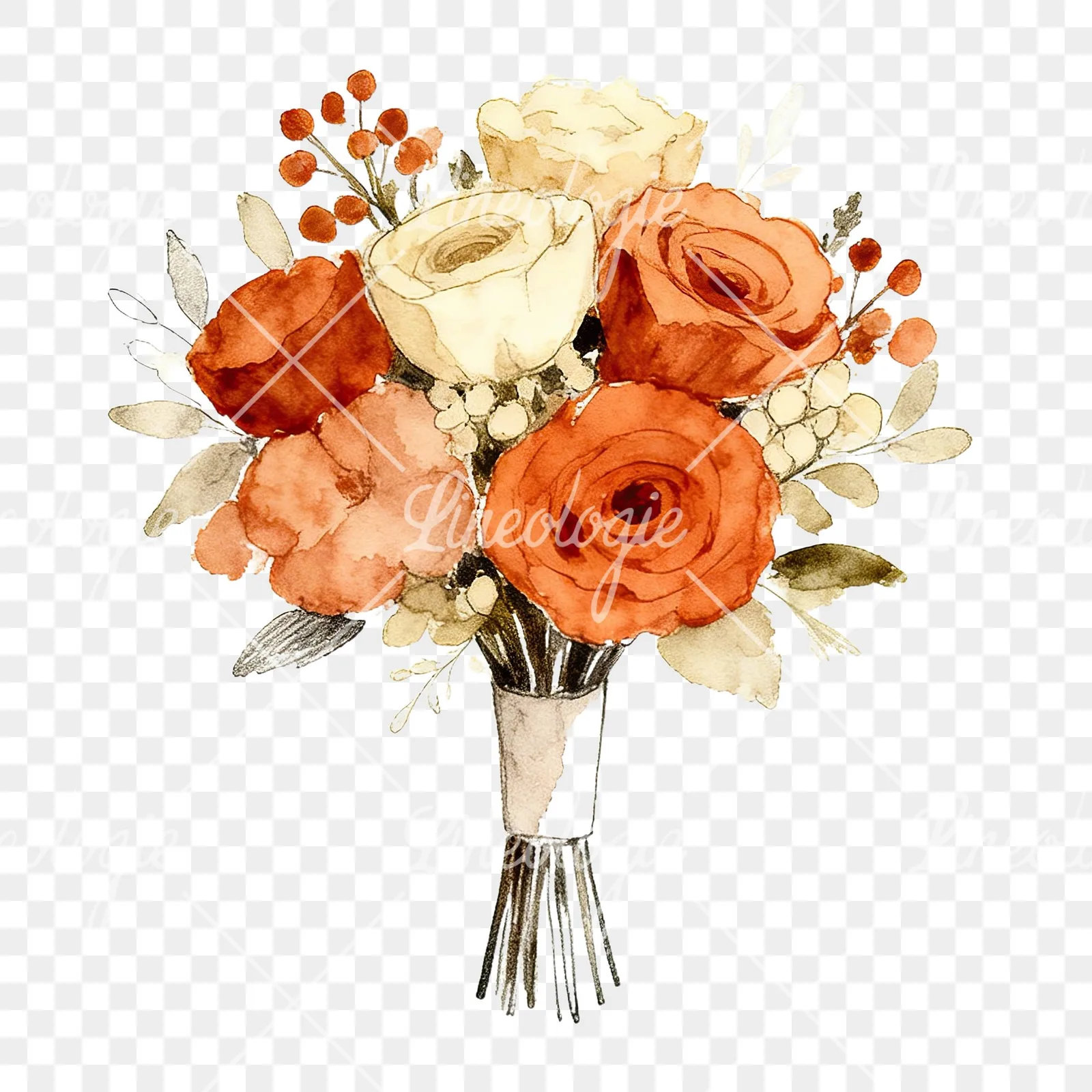 Watercolor rust and cream boho wedding bouquet clipart 1 of 9 on a transparent background (PNG)