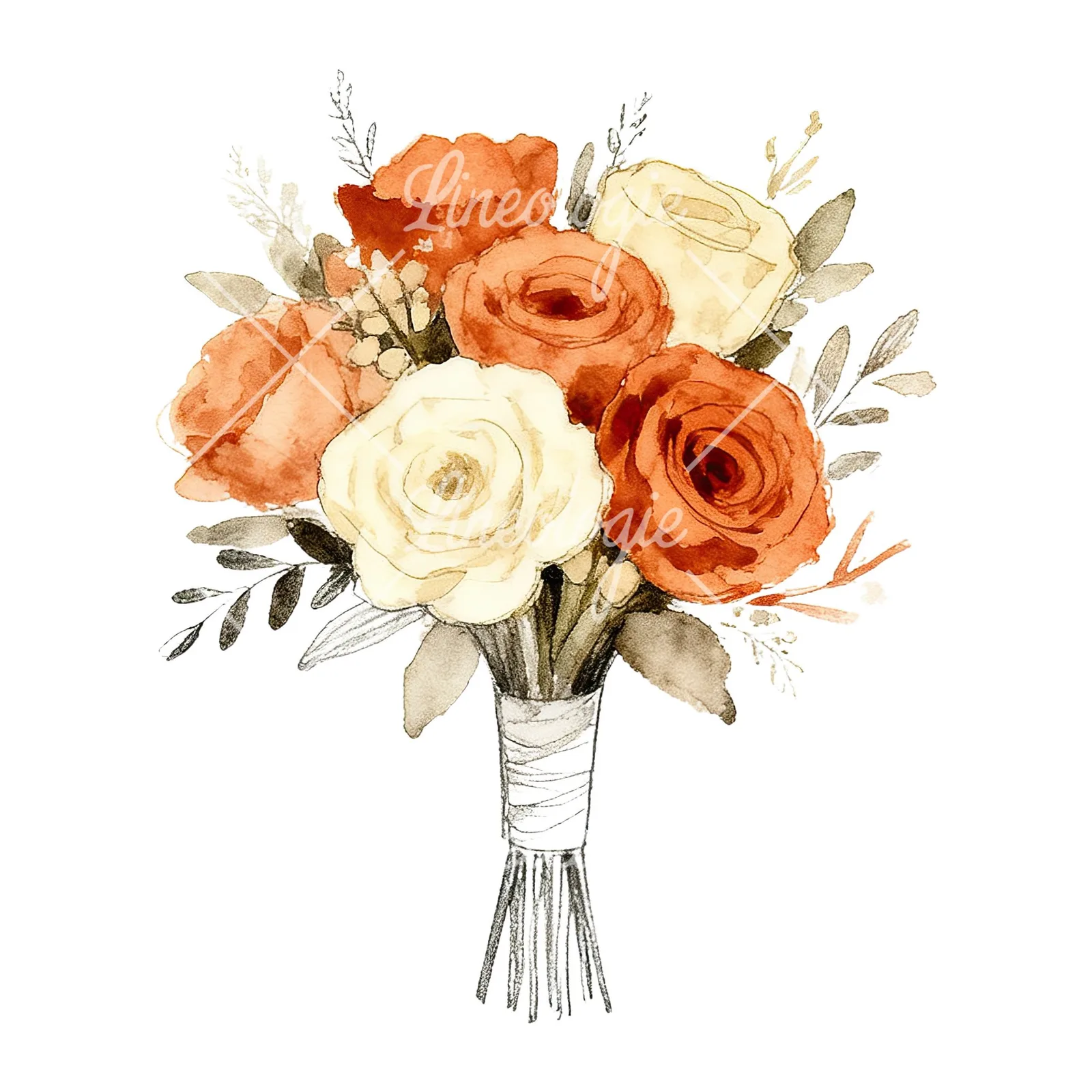 Watercolor rust and cream boho wedding bouquet clipart 2 of 9 on a white background (JPG)
