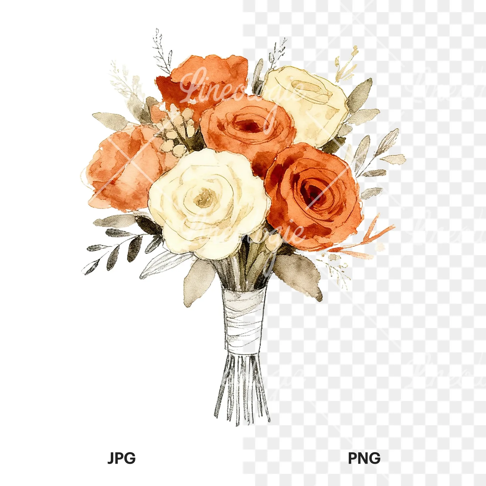 Watercolor rust and cream boho wedding bouquet clipart 2 of 9, as a JPG on white and a transparent PNG