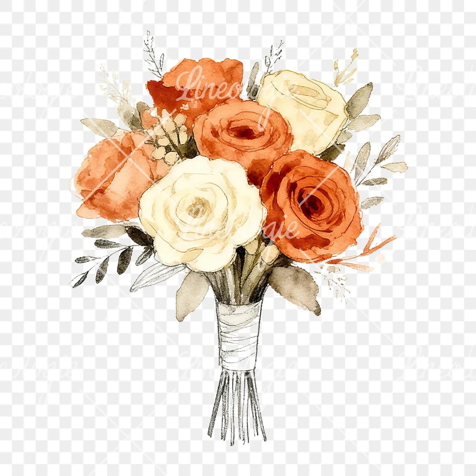 Watercolor rust and cream boho wedding bouquet clipart 2 of 9 on a transparent background (PNG)