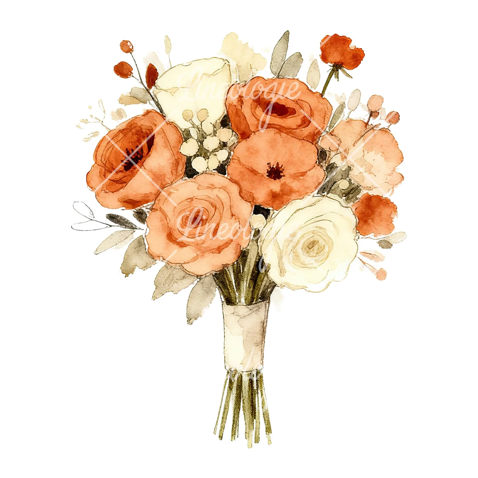 Watercolor rust and cream boho wedding bouquet clipart 3 of 9 on a white background (JPG)
