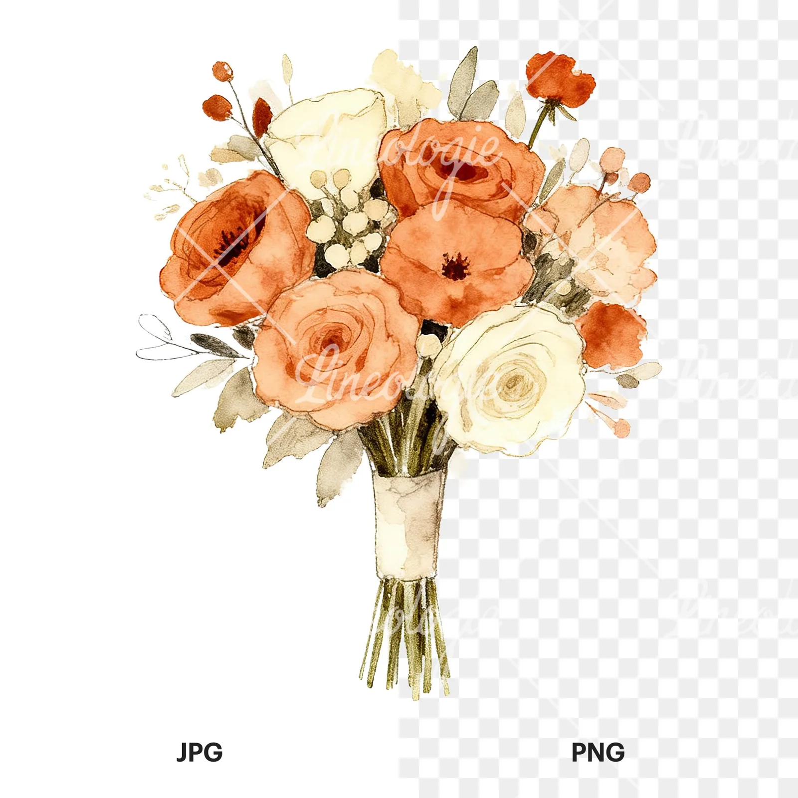 Watercolor rust and cream boho wedding bouquet clipart 3 of 9, as a JPG on white and a transparent PNG