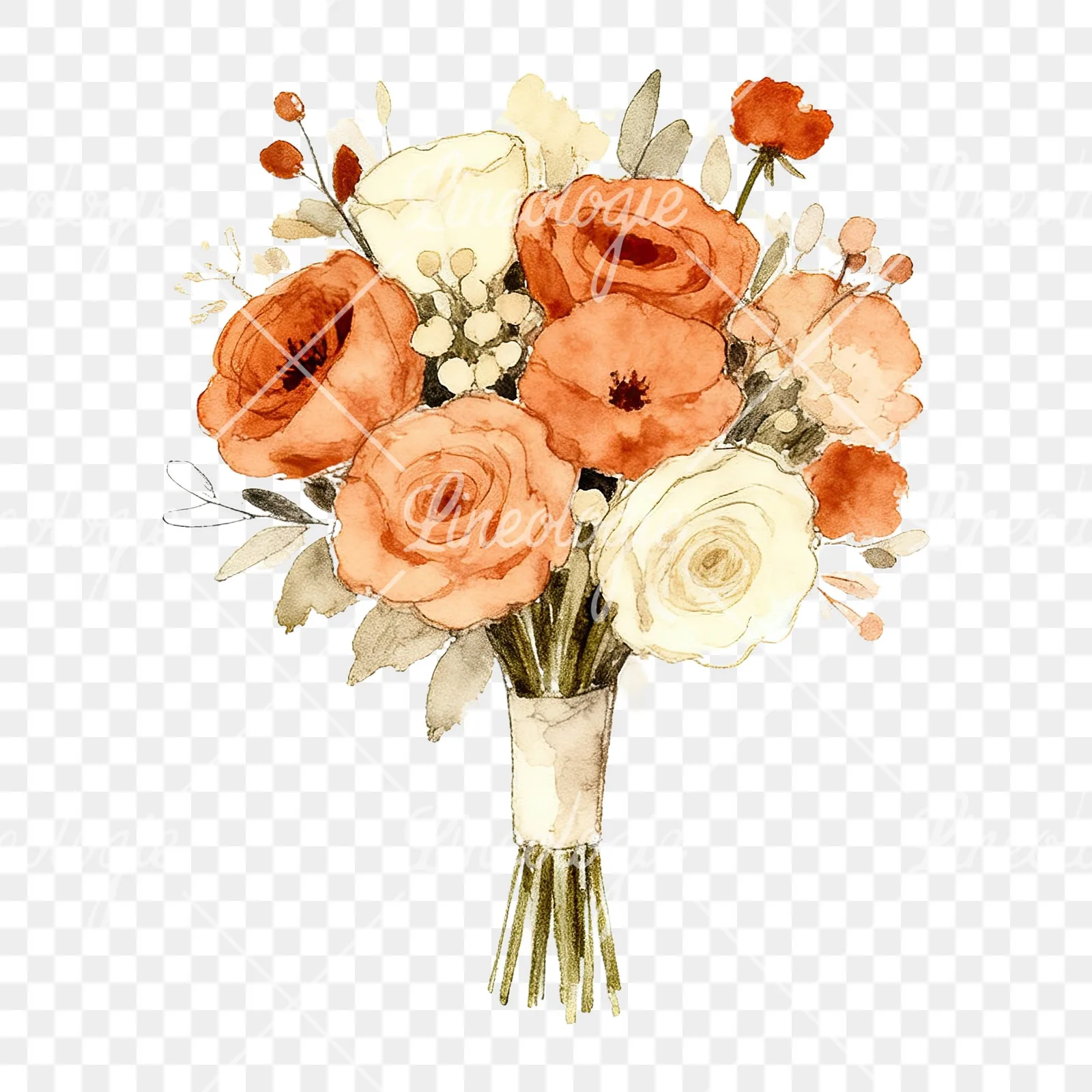 Watercolor rust and cream boho wedding bouquet clipart 3 of 9 on a transparent background (PNG)