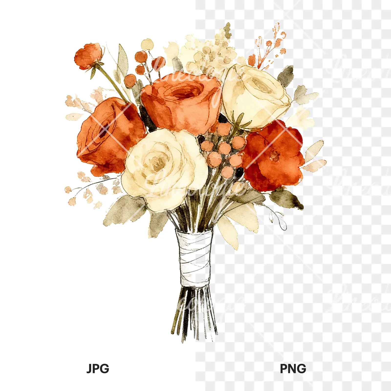 Watercolor rust and cream boho wedding bouquet clipart 4 of 9, as a JPG on white and a transparent PNG