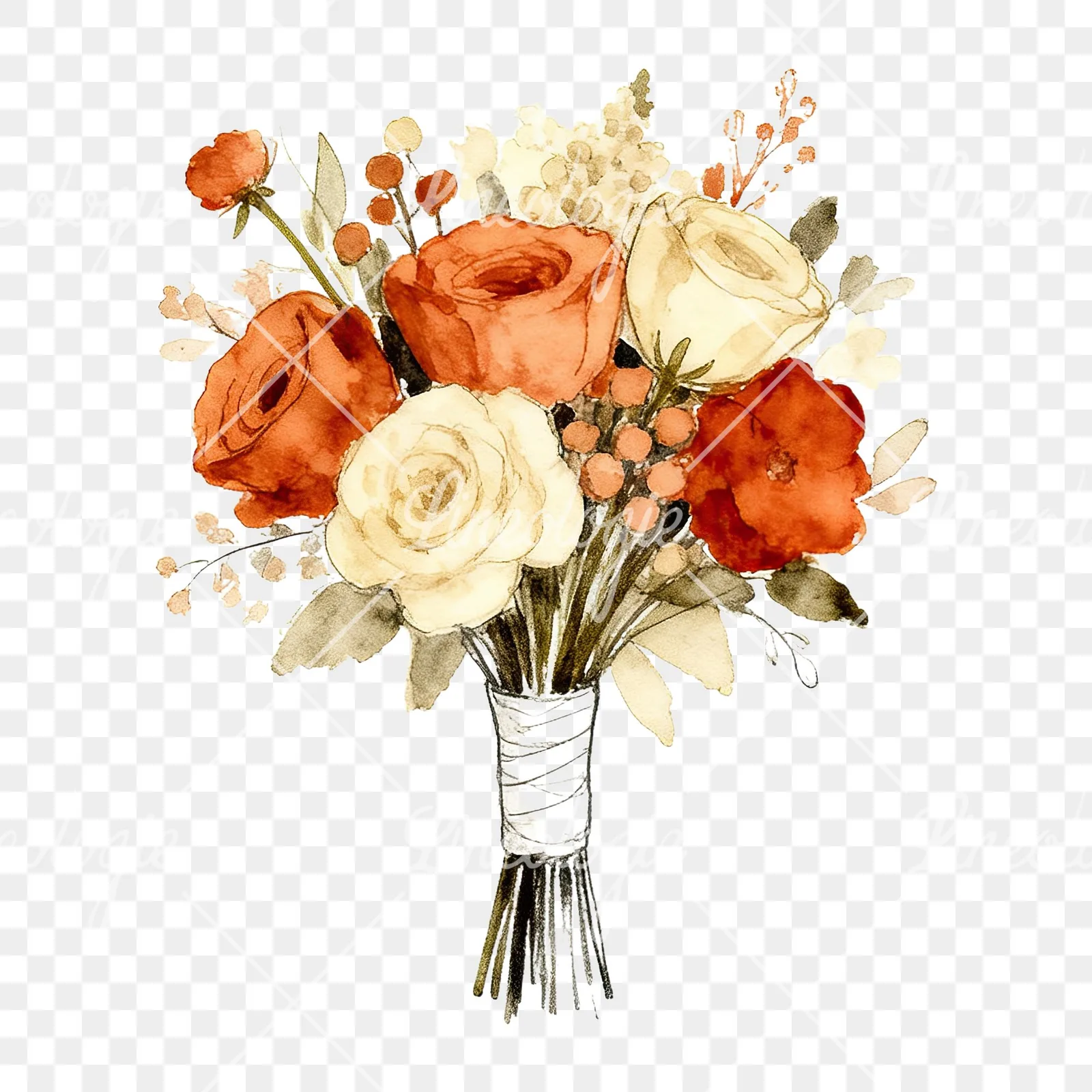 Watercolor rust and cream boho wedding bouquet clipart 4 of 9 on a transparent background (PNG)