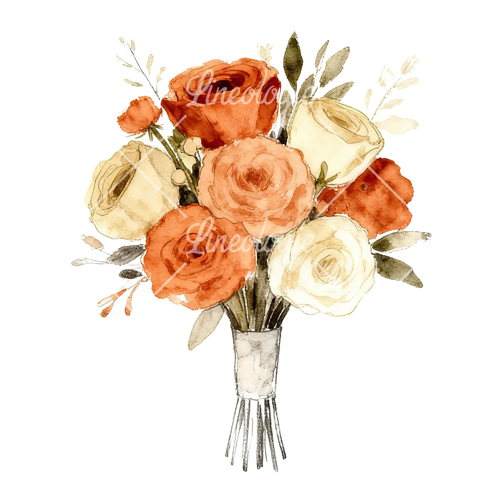 Watercolor rust and cream boho wedding bouquet clipart 5 of 9 on a white background (JPG)