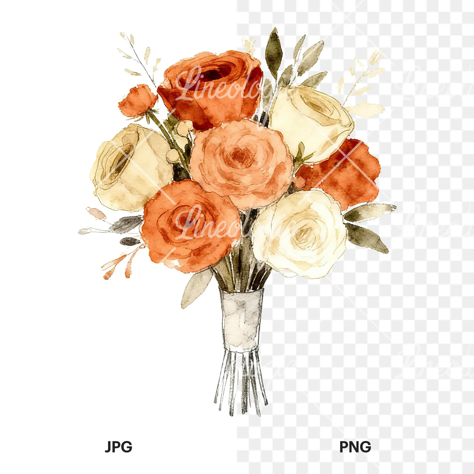 Watercolor rust and cream boho wedding bouquet clipart 5 of 9, as a JPG on white and a transparent PNG