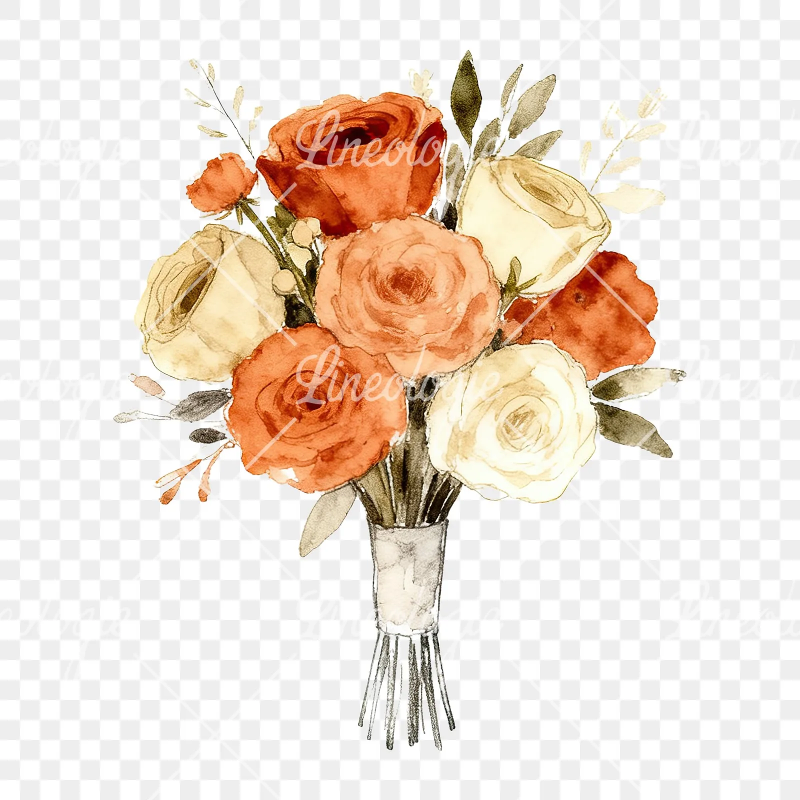 Watercolor rust and cream boho wedding bouquet clipart 5 of 9 on a transparent background (PNG)