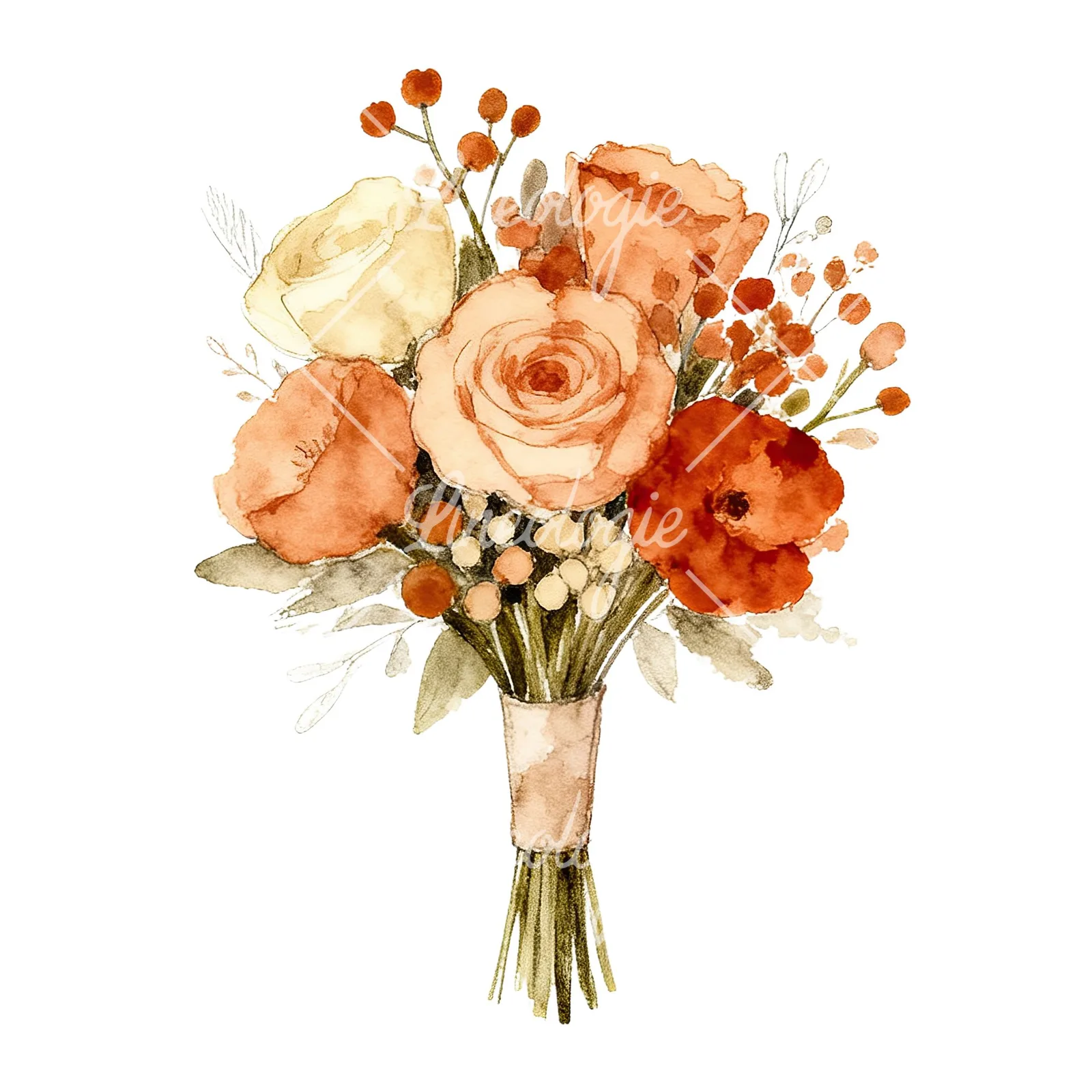 Watercolor rust and cream boho wedding bouquet clipart 6 of 9 on a white background (JPG)