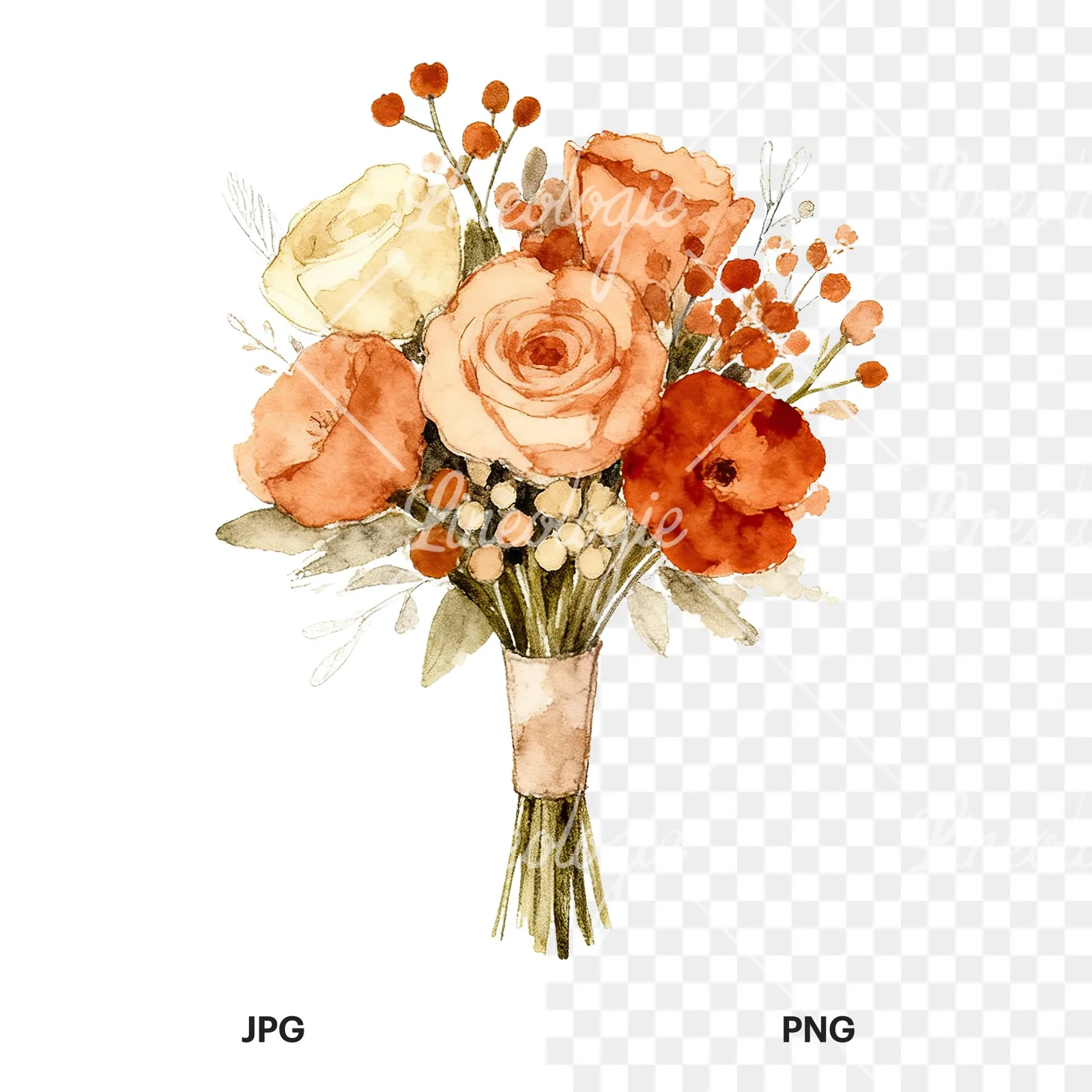 Watercolor rust and cream boho wedding bouquet clipart 6 of 9, as a JPG on white and a transparent PNG