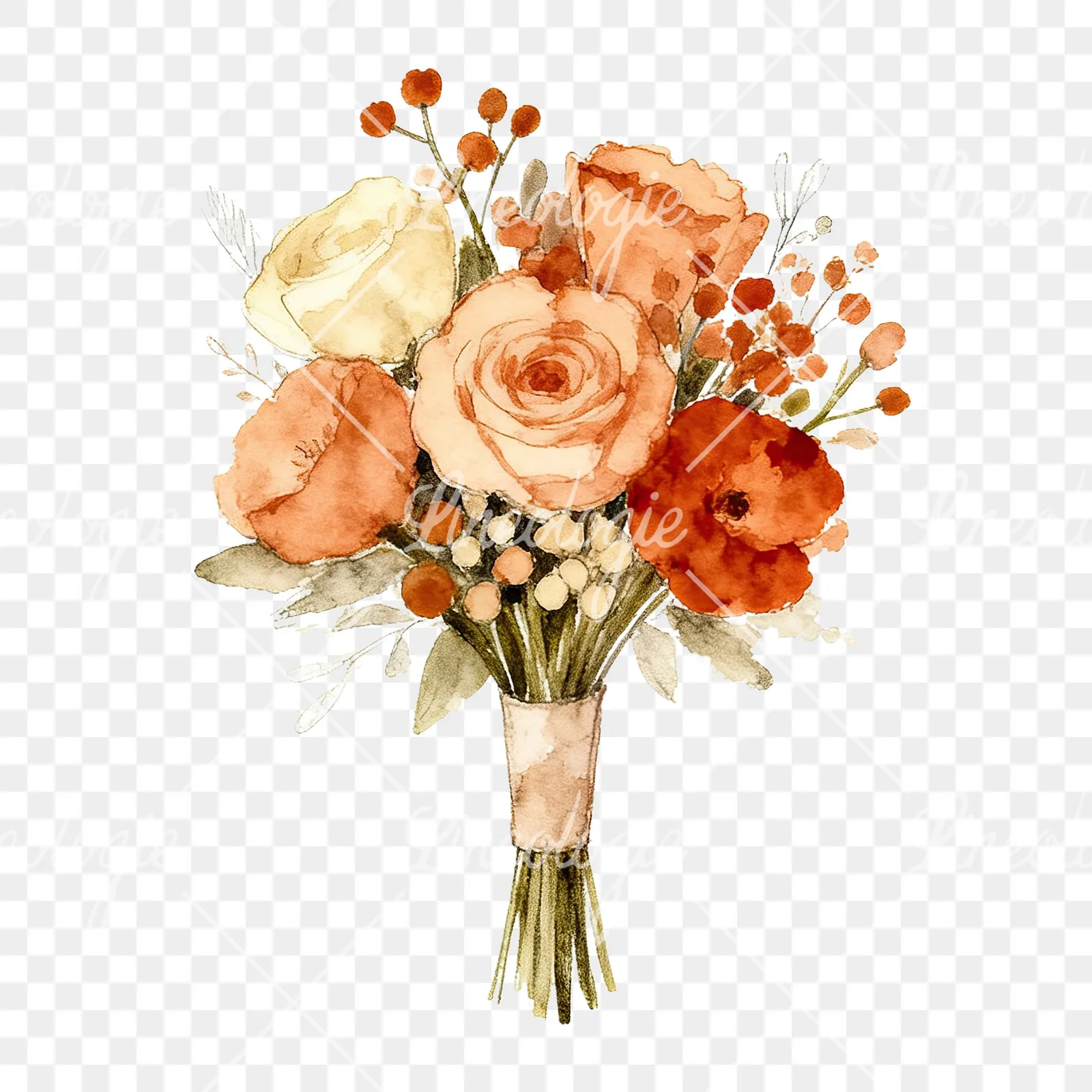 Watercolor rust and cream boho wedding bouquet clipart 6 of 9 on a transparent background (PNG)