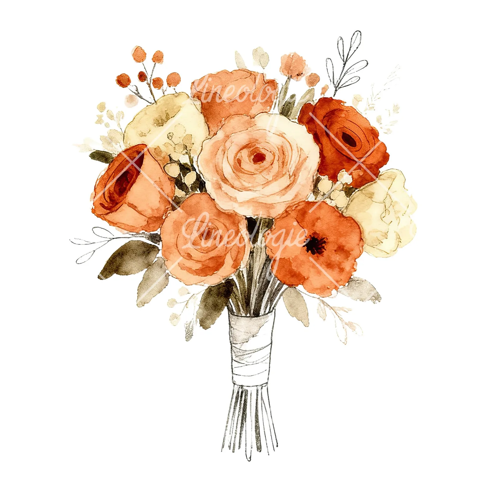 Watercolor rust and cream boho wedding bouquet clipart 7 of 9 on a white background (JPG)