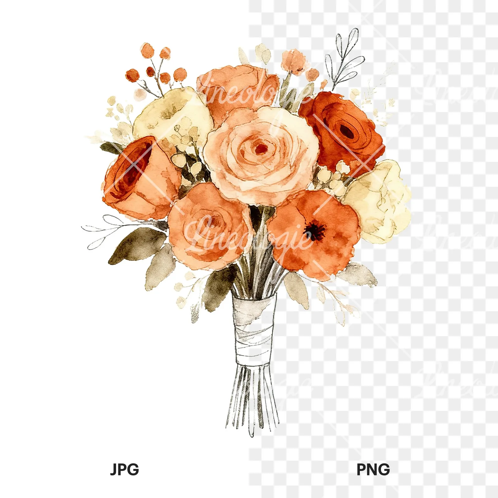 Watercolor rust and cream boho wedding bouquet clipart 7 of 9, as a JPG on white and a transparent PNG