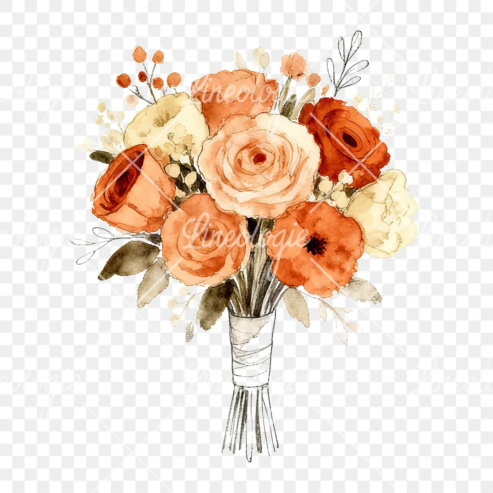 Watercolor rust and cream boho wedding bouquet clipart 7 of 9 on a transparent background (PNG)