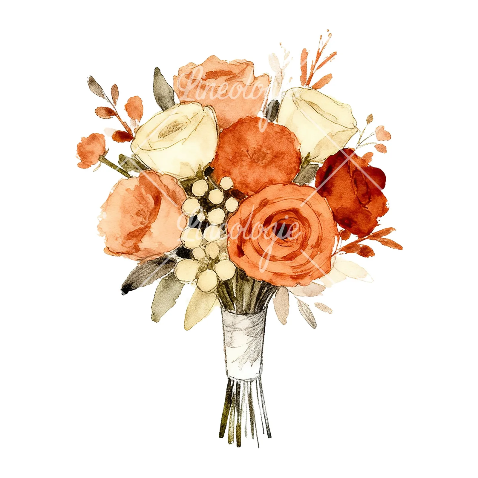 Watercolor rust and cream boho wedding bouquet clipart 8 of 9 on a white background (JPG)