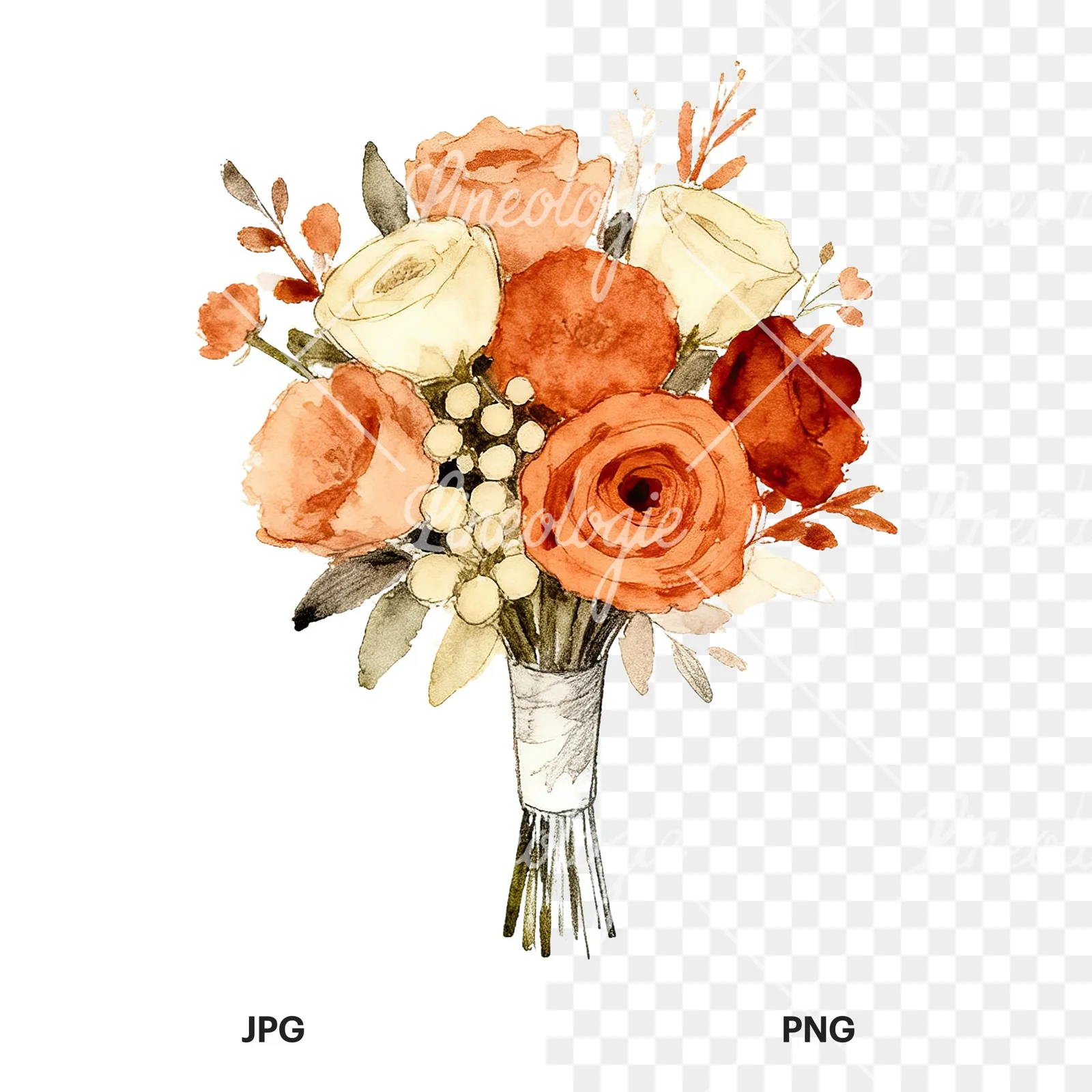 Watercolor rust and cream boho wedding bouquet clipart 8 of 9, as a JPG on white and a transparent PNG