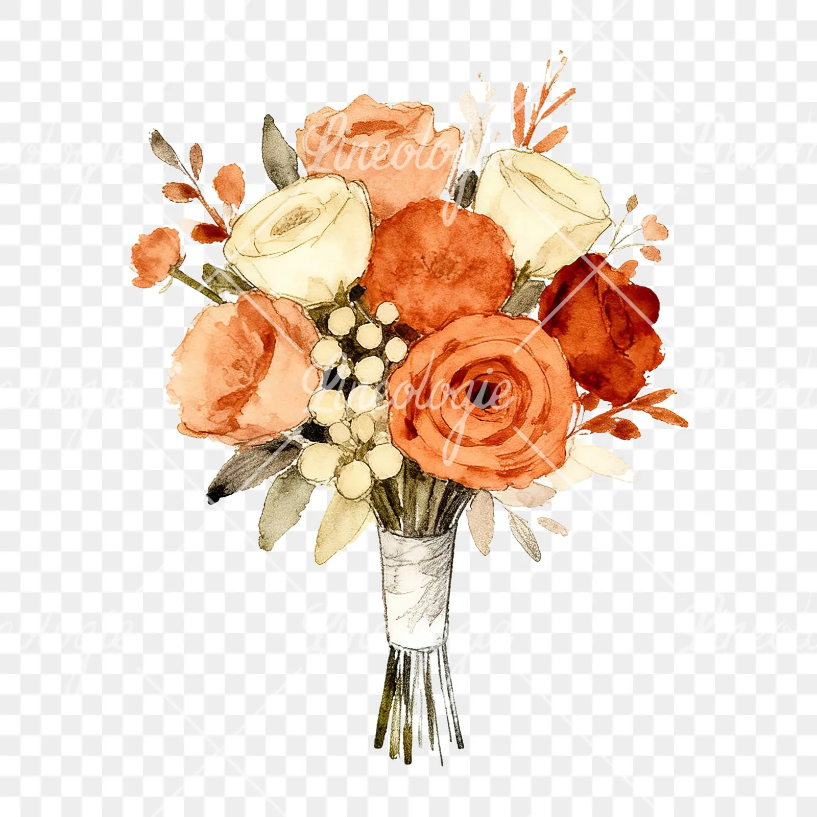Watercolor rust and cream boho wedding bouquet clipart 8 of 9 on a transparent background (PNG)