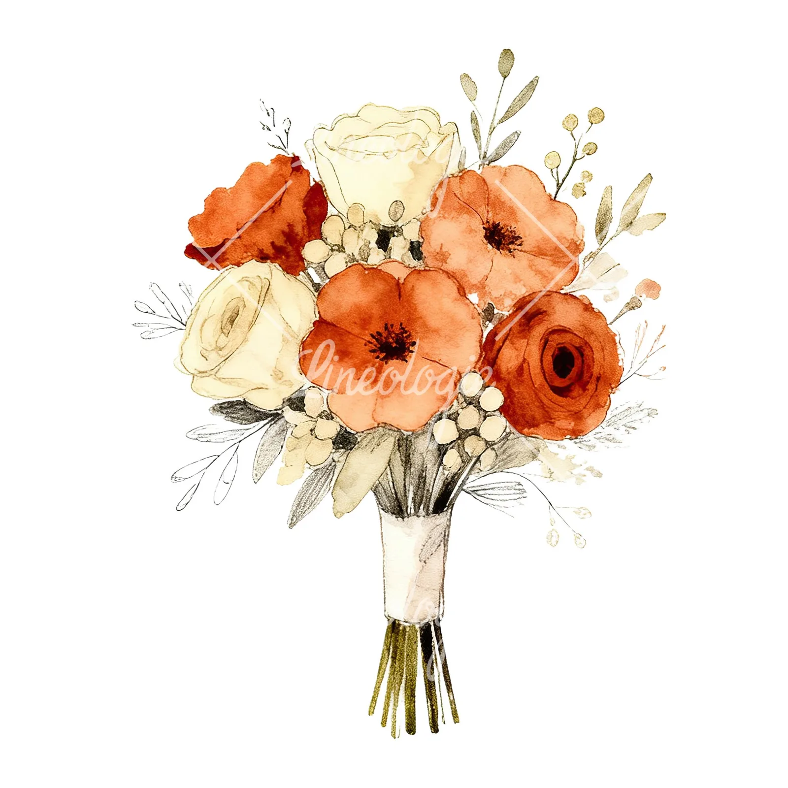 Watercolor rust and cream boho wedding bouquet clipart 9 of 9 on a white background (JPG)