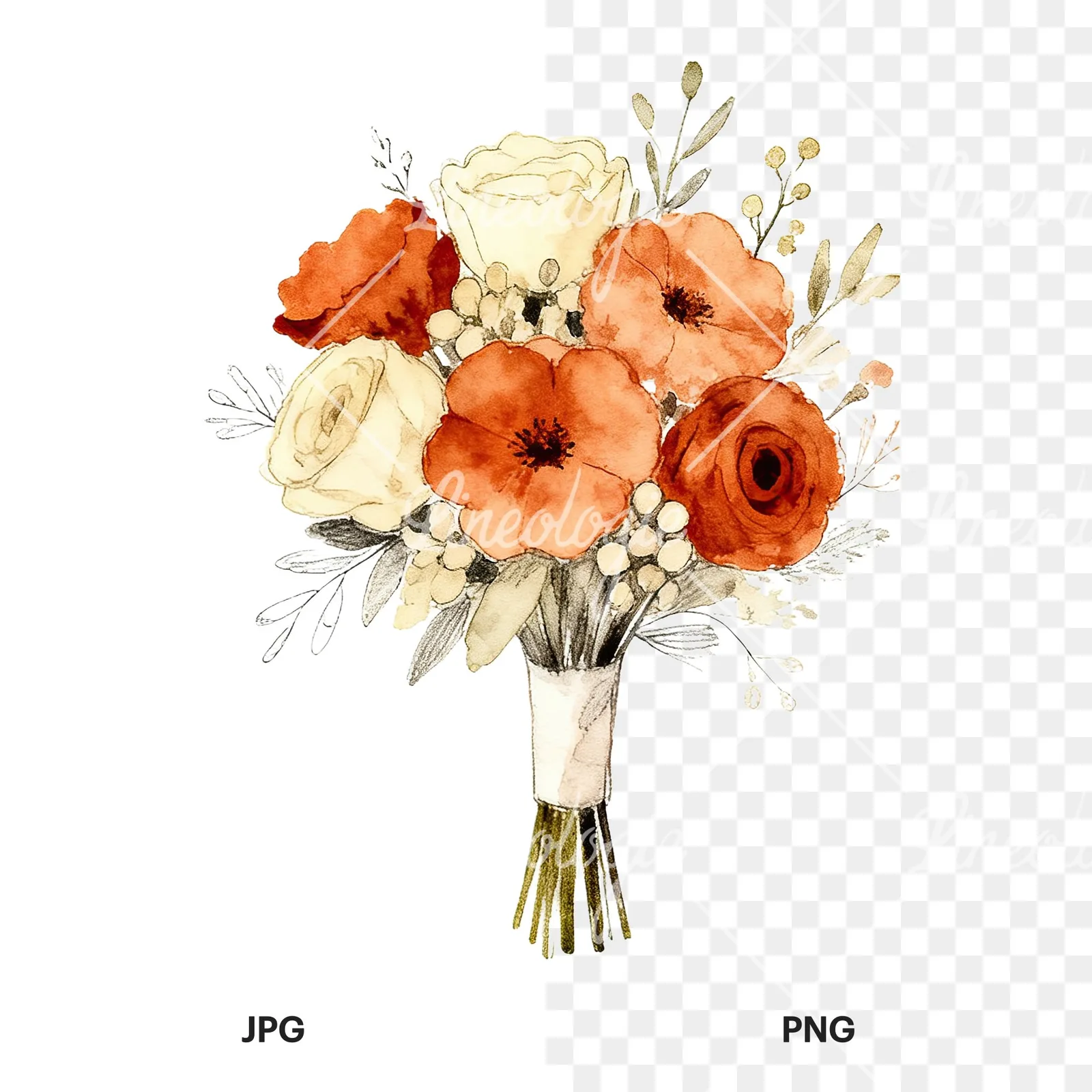 Watercolor rust and cream boho wedding bouquet clipart 9 of 9, as a JPG on white and a transparent PNG