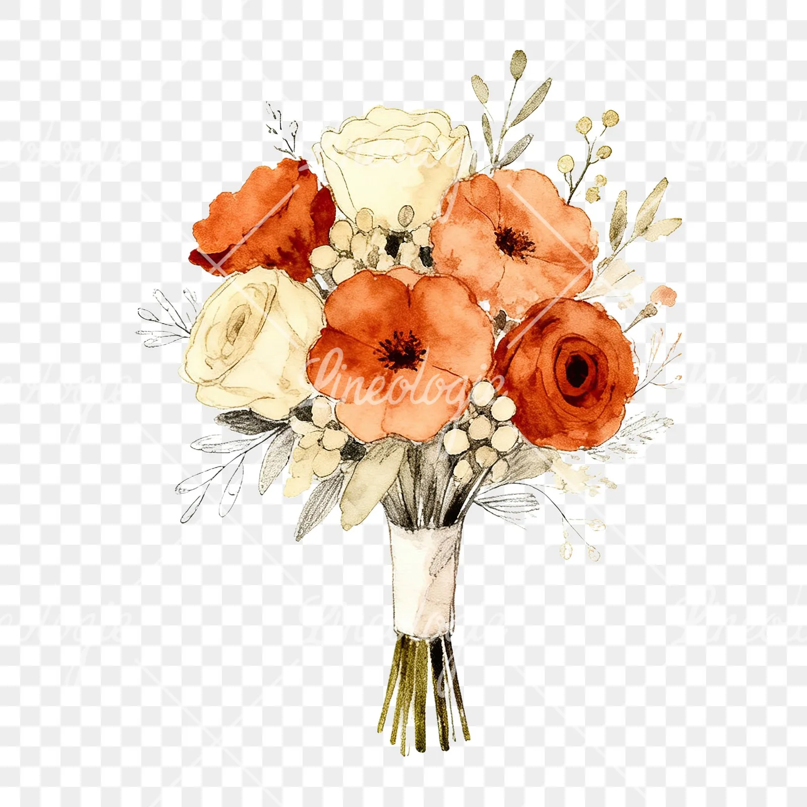 Watercolor rust and cream boho wedding bouquet clipart 9 of 9 on a transparent background (PNG)