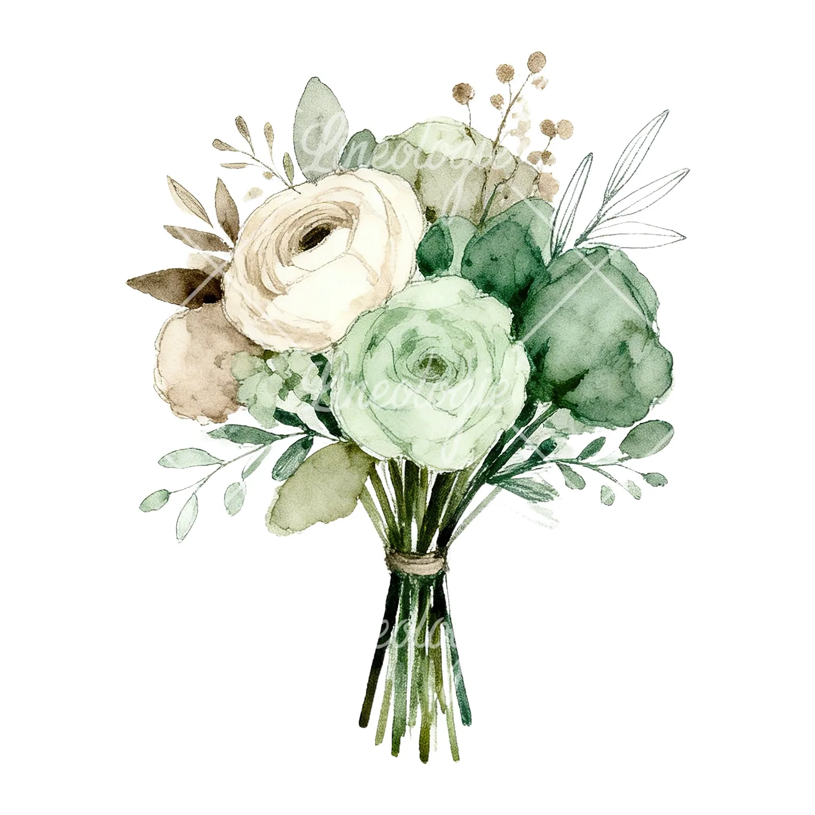 Watercolor sage green and taupe wedding bouquet clipart 1 of 9 on a white background (JPG)